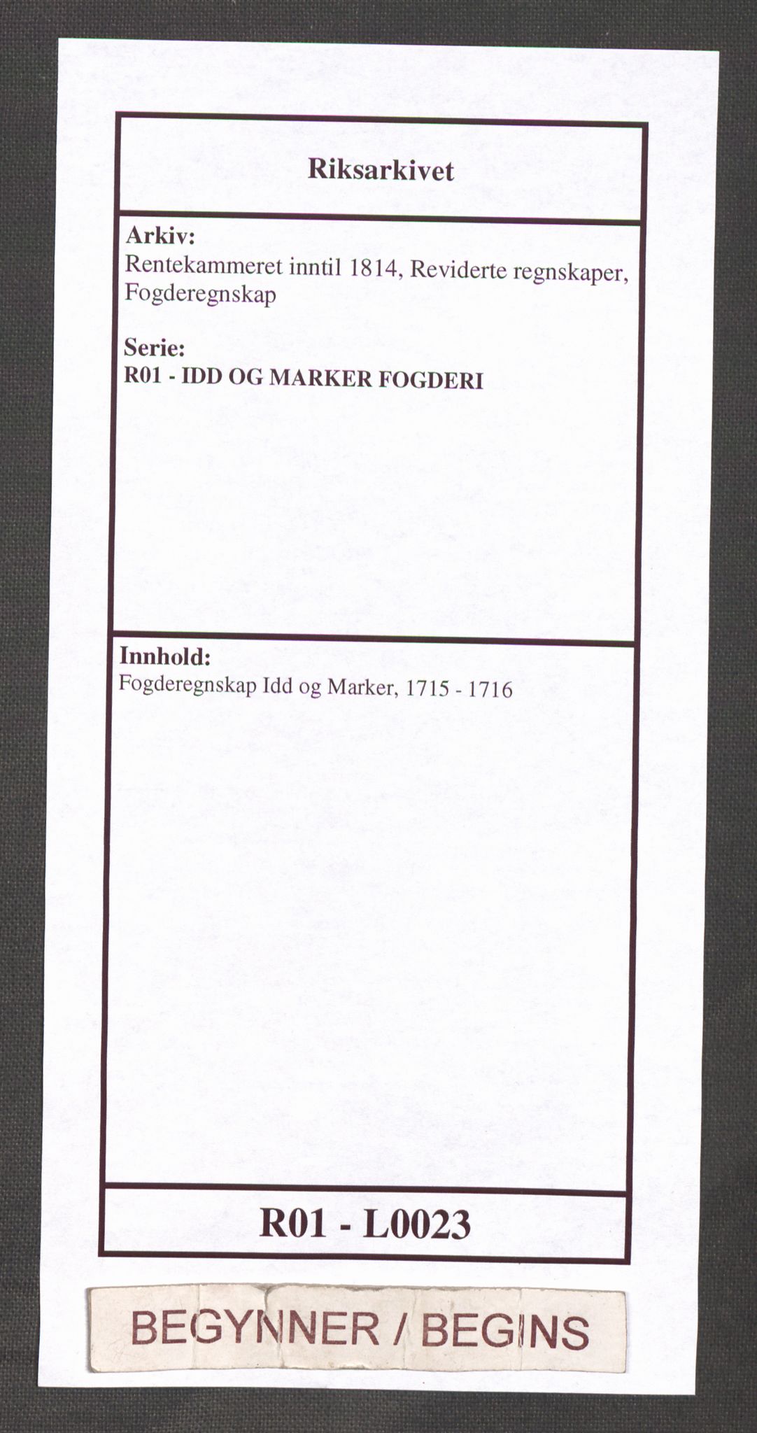 Rentekammeret inntil 1814, Reviderte regnskaper, Fogderegnskap, RA/EA-4092/R01/L0023: Fogderegnskap Idd og Marker, 1715-1716, p. 1