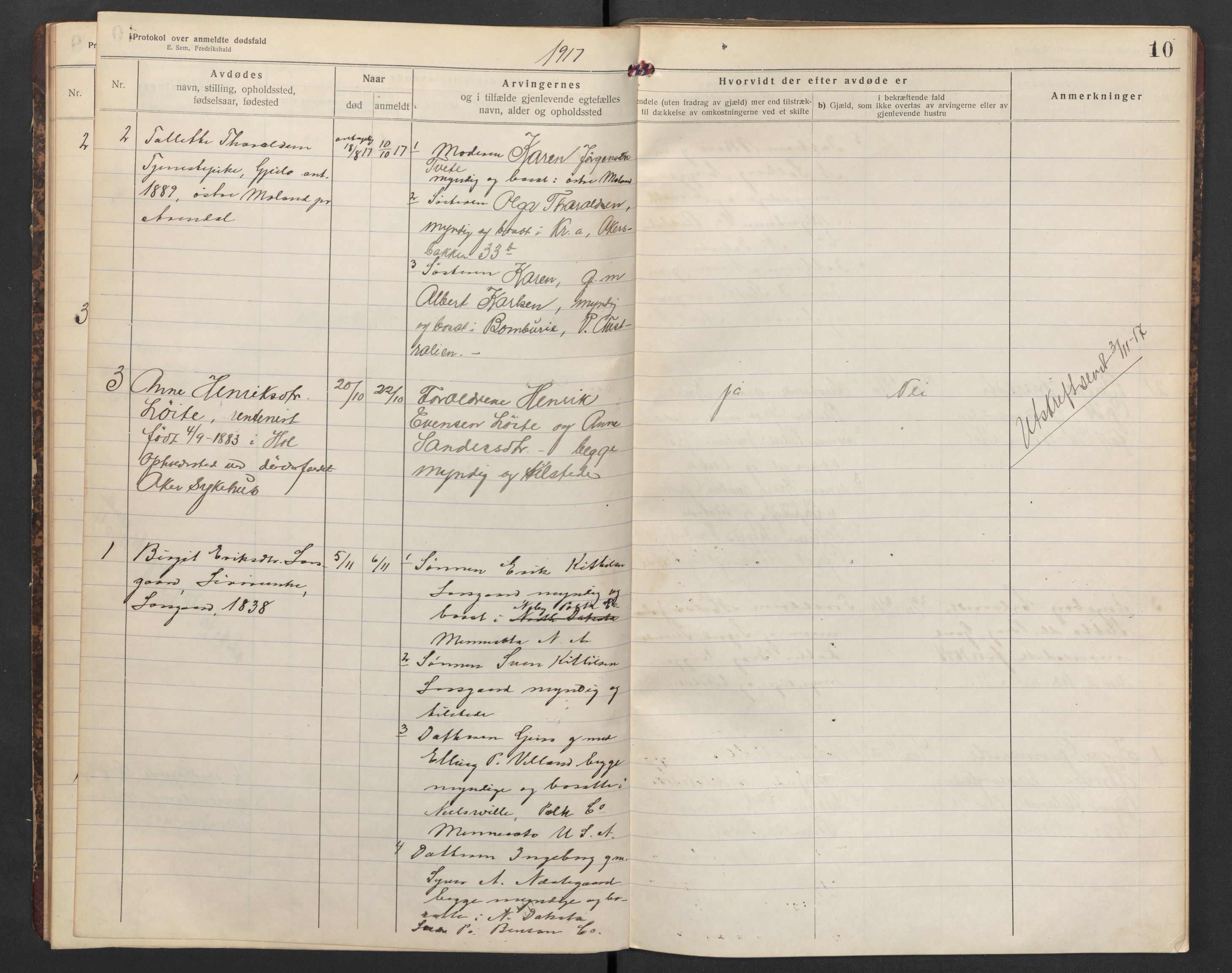 Hol lensmannskontor, AV/SAKO-A-512/H/Ha/L0005: Dødsanmeldelsesprotokoll, 1917-1924, p. 10