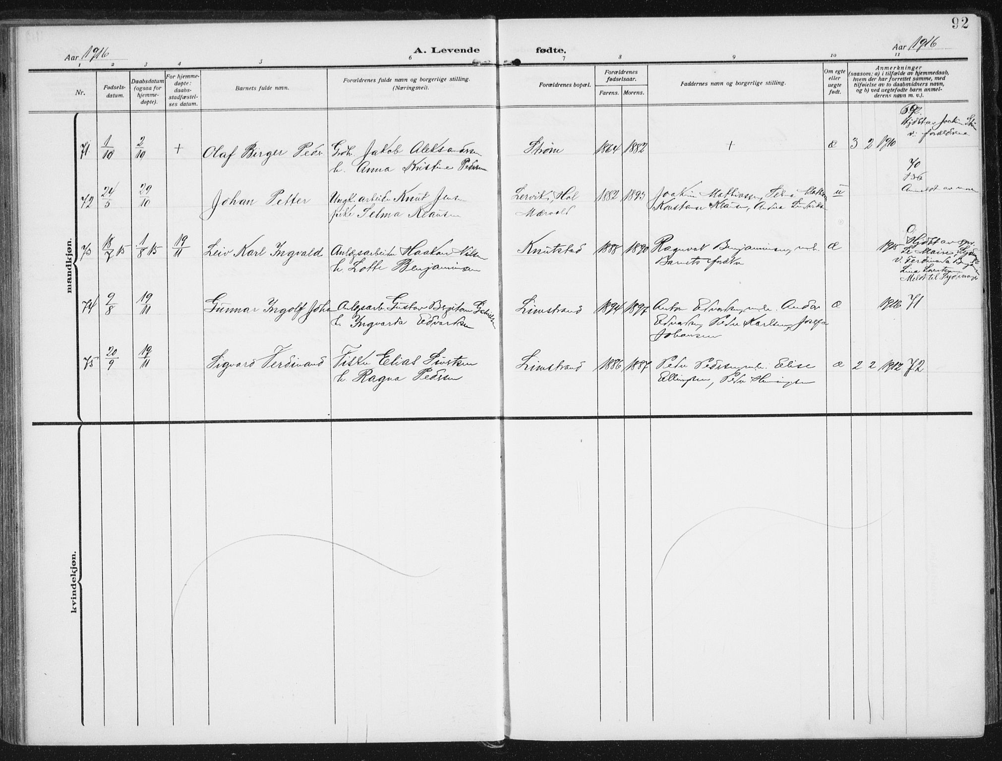 Ministerialprotokoller, klokkerbøker og fødselsregistre - Nordland, AV/SAT-A-1459/880/L1135: Parish register (official) no. 880A09, 1908-1919, p. 92