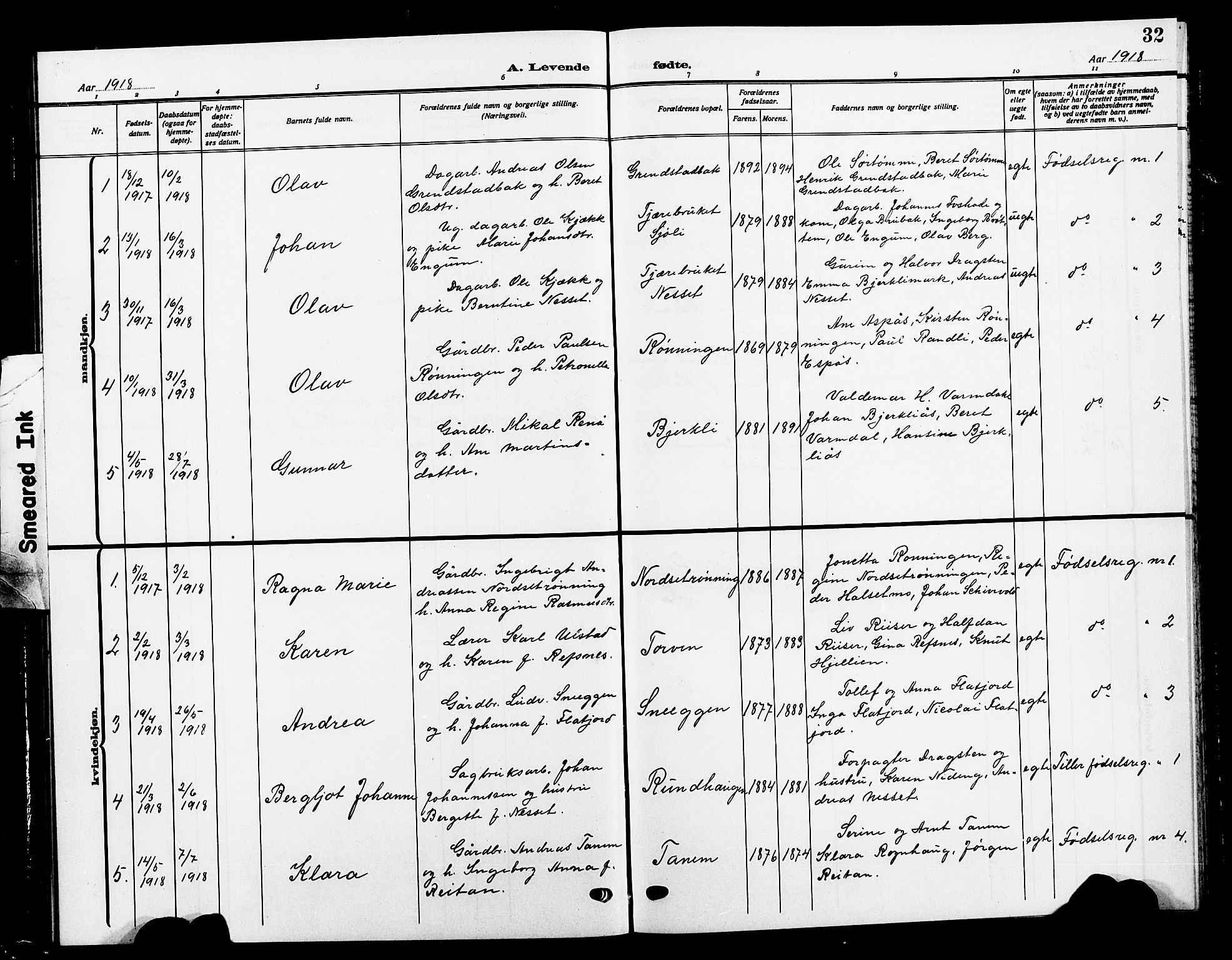 Ministerialprotokoller, klokkerbøker og fødselsregistre - Sør-Trøndelag, SAT/A-1456/618/L0453: Parish register (copy) no. 618C04, 1907-1925, p. 32