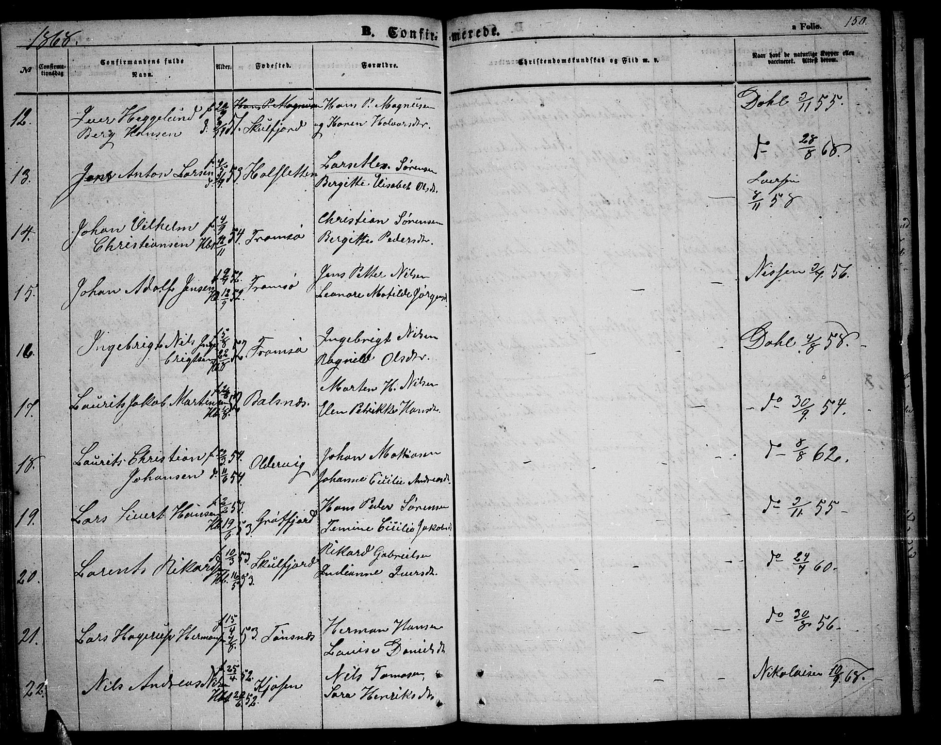 Tromsøysund sokneprestkontor, AV/SATØ-S-1304/G/Gb/L0001klokker: Parish register (copy) no. 1, 1857-1869, p. 150