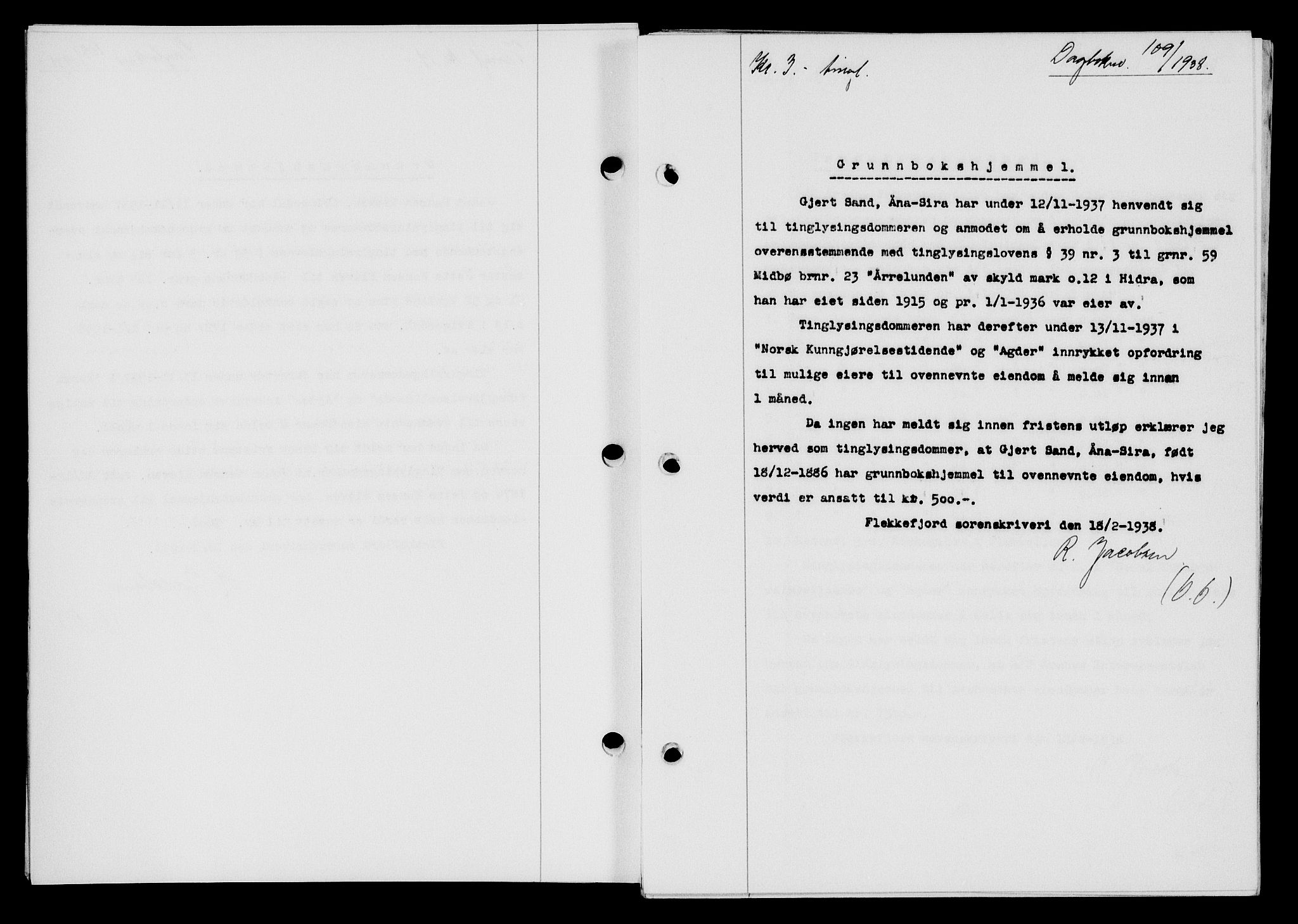 Flekkefjord sorenskriveri, SAK/1221-0001/G/Gb/Gba/L0054: Mortgage book no. A-2, 1937-1938, Diary no: : 109/1938