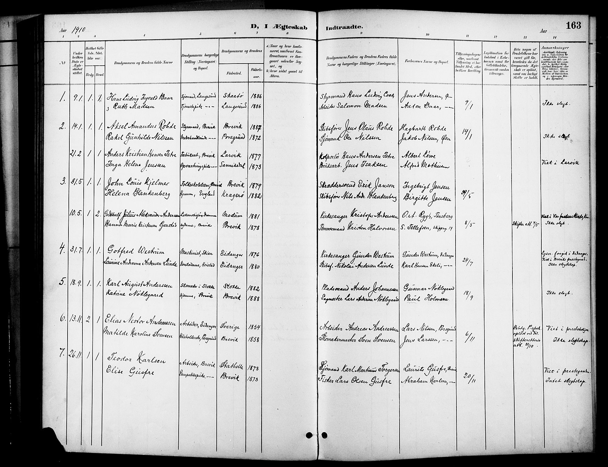 Brevik kirkebøker, SAKO/A-255/G/Ga/L0005: Parish register (copy) no. 5, 1901-1924, p. 163