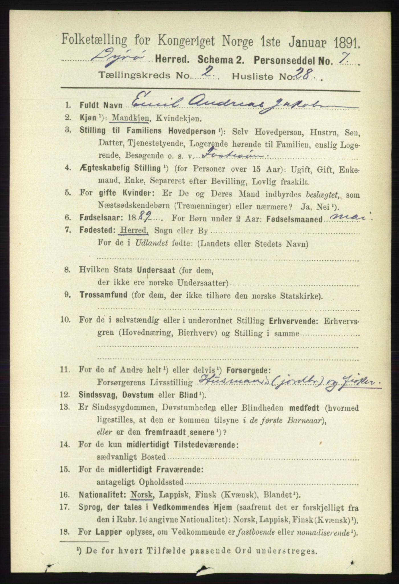 RA, 1891 census for 1926 Dyrøy, 1891, p. 731