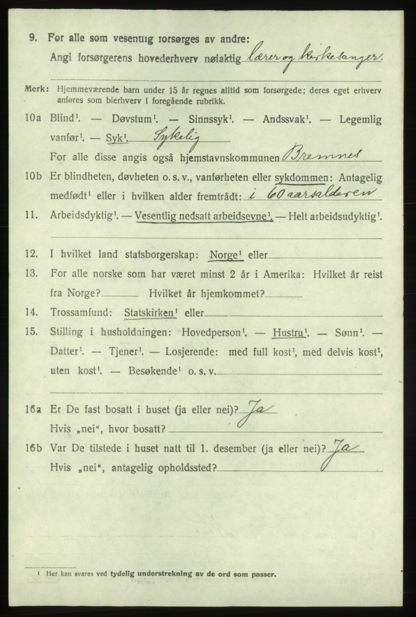 SAB, 1920 census for Bremnes, 1920, p. 3255