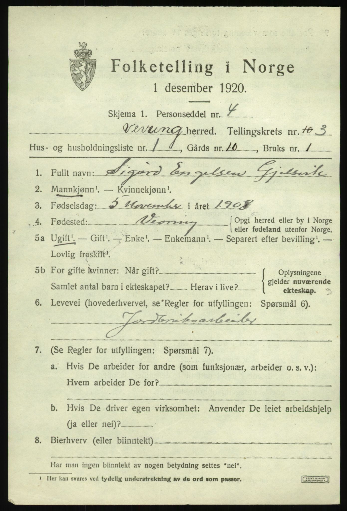 SAB, 1920 census for Vevring, 1920, p. 1004