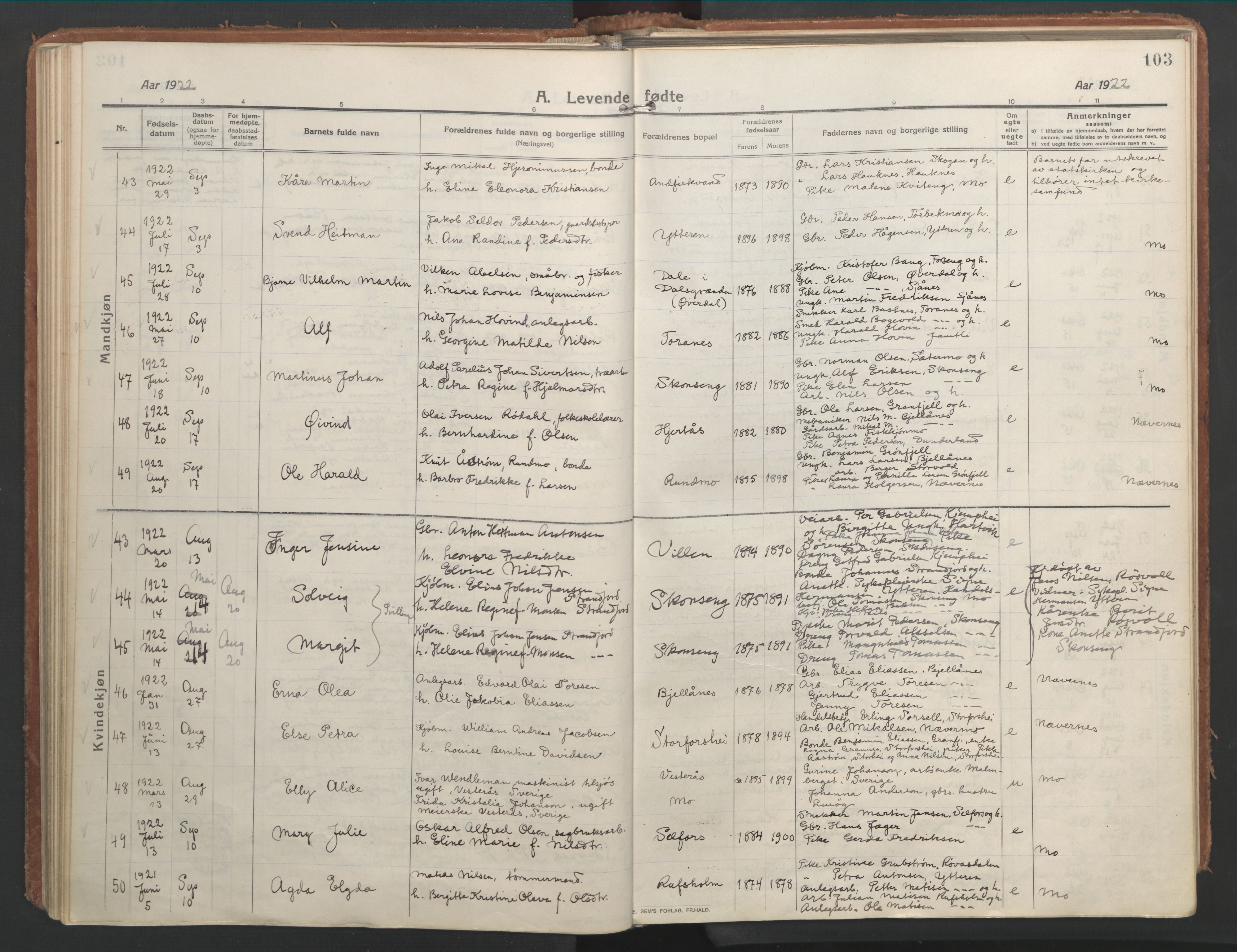 Ministerialprotokoller, klokkerbøker og fødselsregistre - Nordland, AV/SAT-A-1459/827/L0404: Parish register (official) no. 827A16, 1912-1925, p. 103