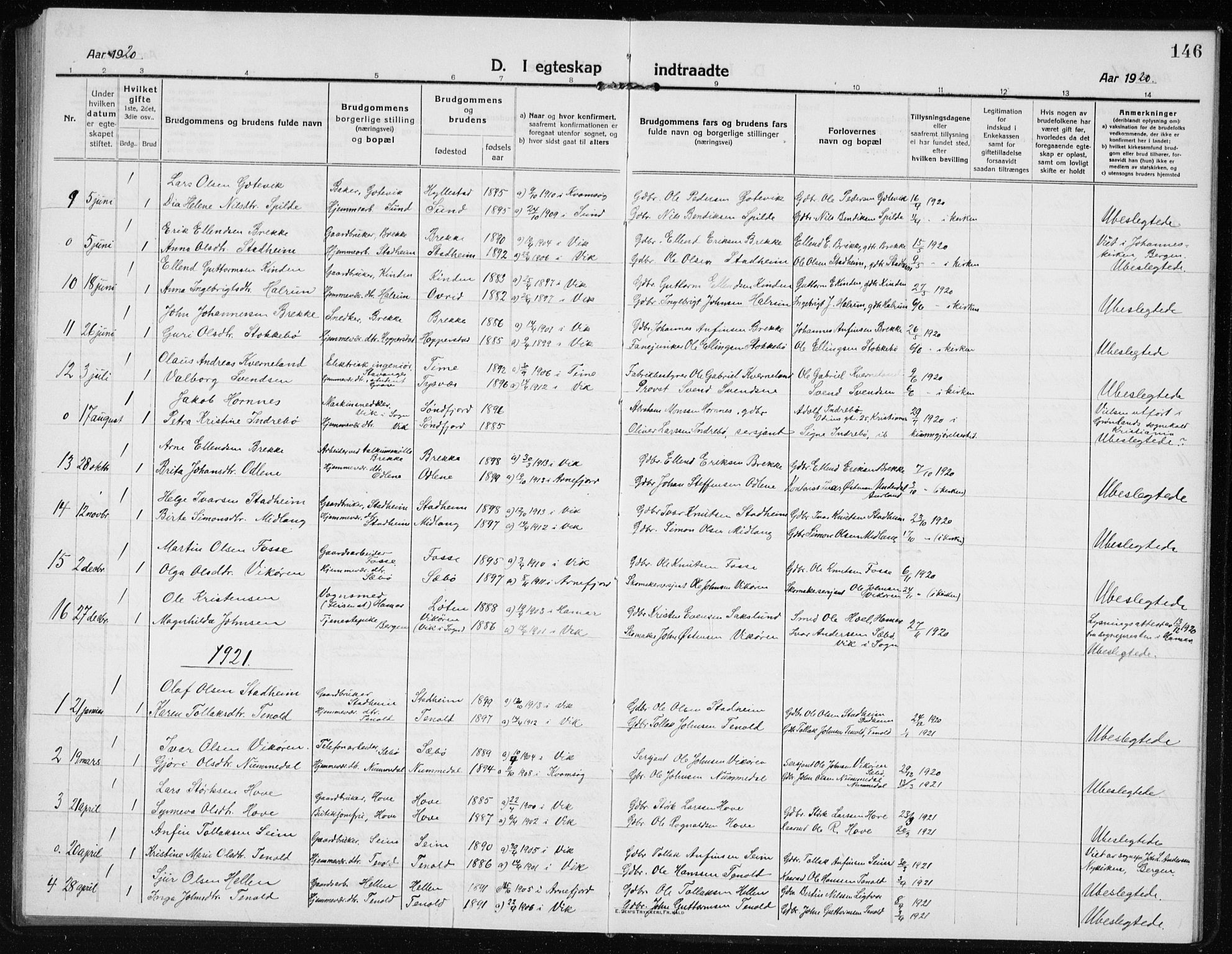 Vik sokneprestembete, AV/SAB-A-81501/H/Hab/Haba/L0005: Parish register (copy) no. A 5, 1915-1935, p. 146