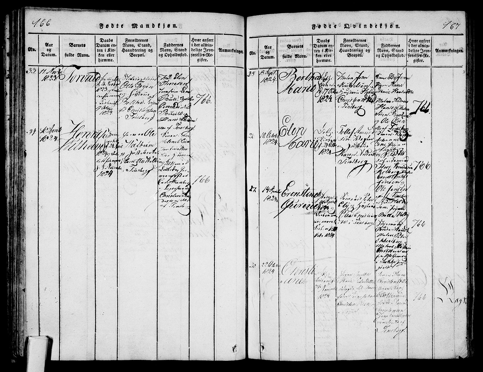 Tønsberg kirkebøker, AV/SAKO-A-330/F/Fa/L0004: Parish register (official) no. I 4, 1813-1826, p. 166-167