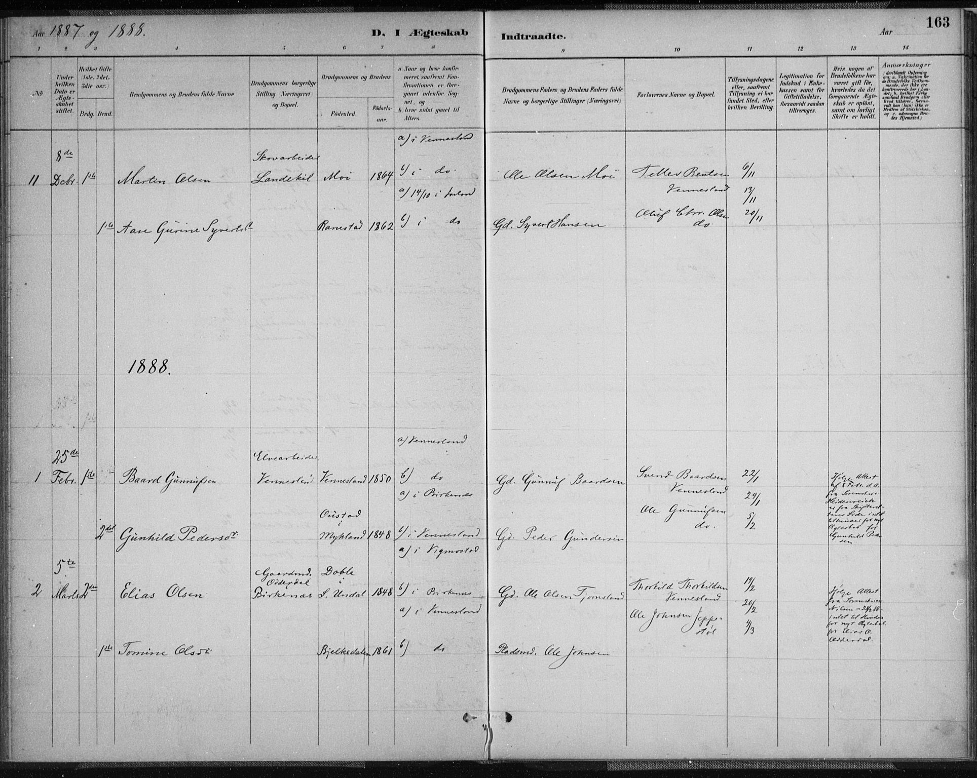 Vennesla sokneprestkontor, AV/SAK-1111-0045/Fa/Fab/L0004: Parish register (official) no. A 4, 1884-1896, p. 163