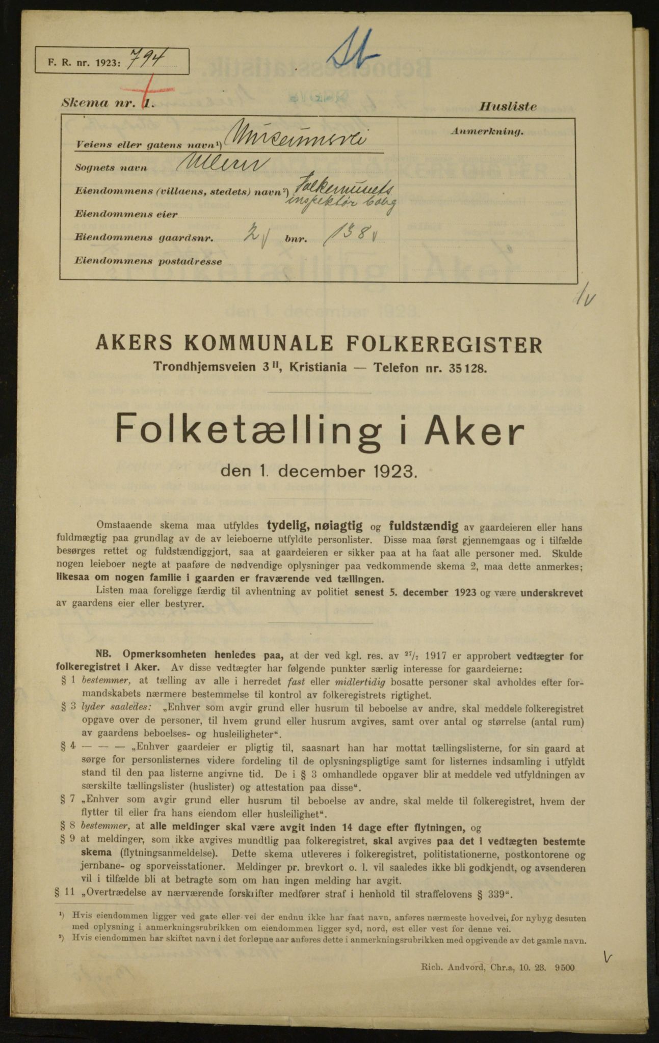 , Municipal Census 1923 for Aker, 1923, p. 4842