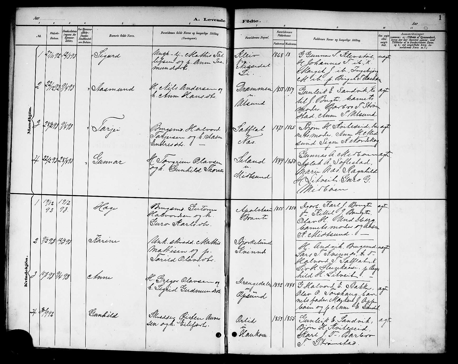 Kviteseid kirkebøker, SAKO/A-276/G/Ga/L0002: Parish register (copy) no. I 2, 1893-1918, p. 1