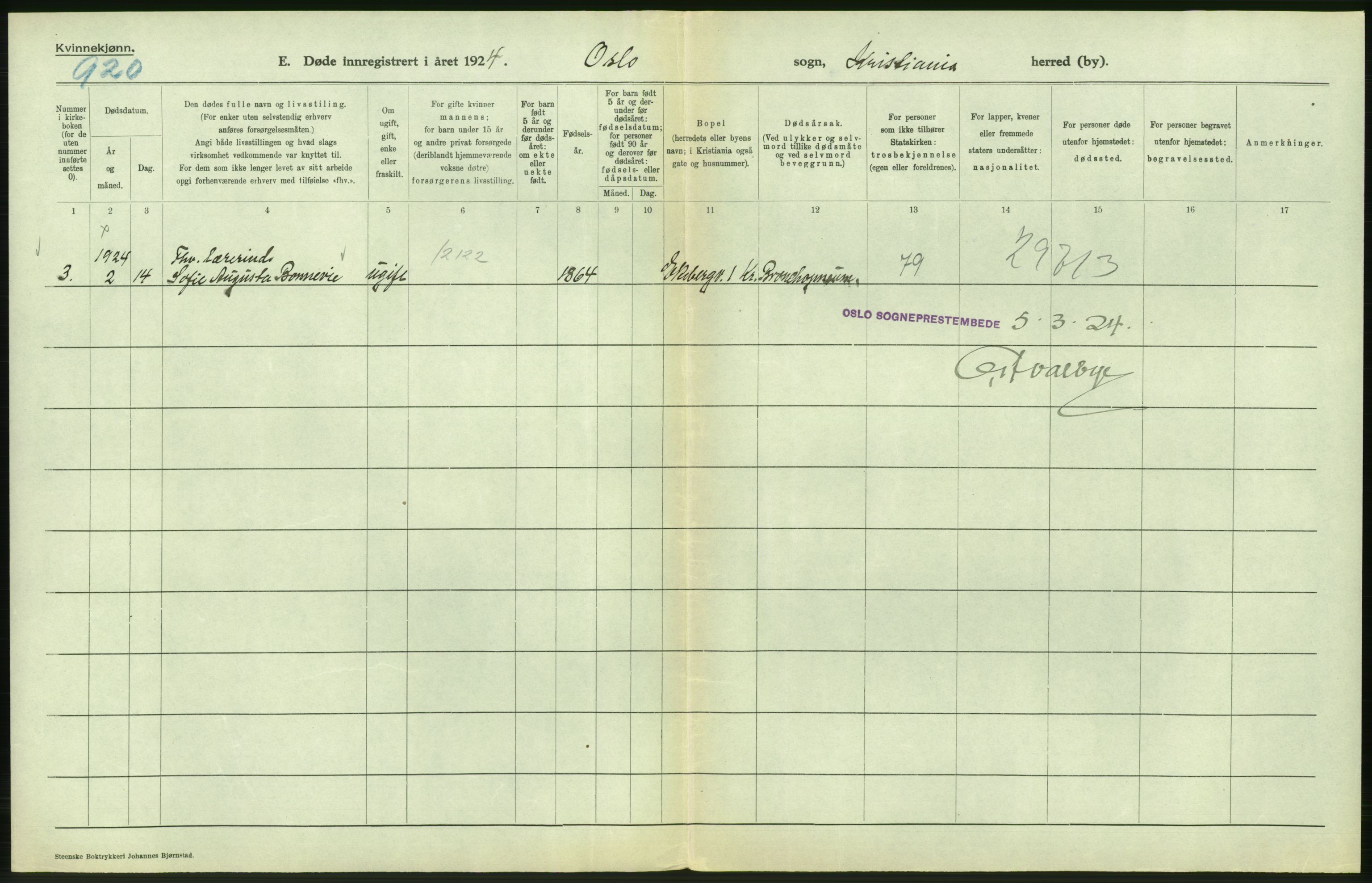 Statistisk sentralbyrå, Sosiodemografiske emner, Befolkning, AV/RA-S-2228/D/Df/Dfc/Dfcd/L0009: Kristiania: Døde kvinner, dødfødte, 1924, p. 322