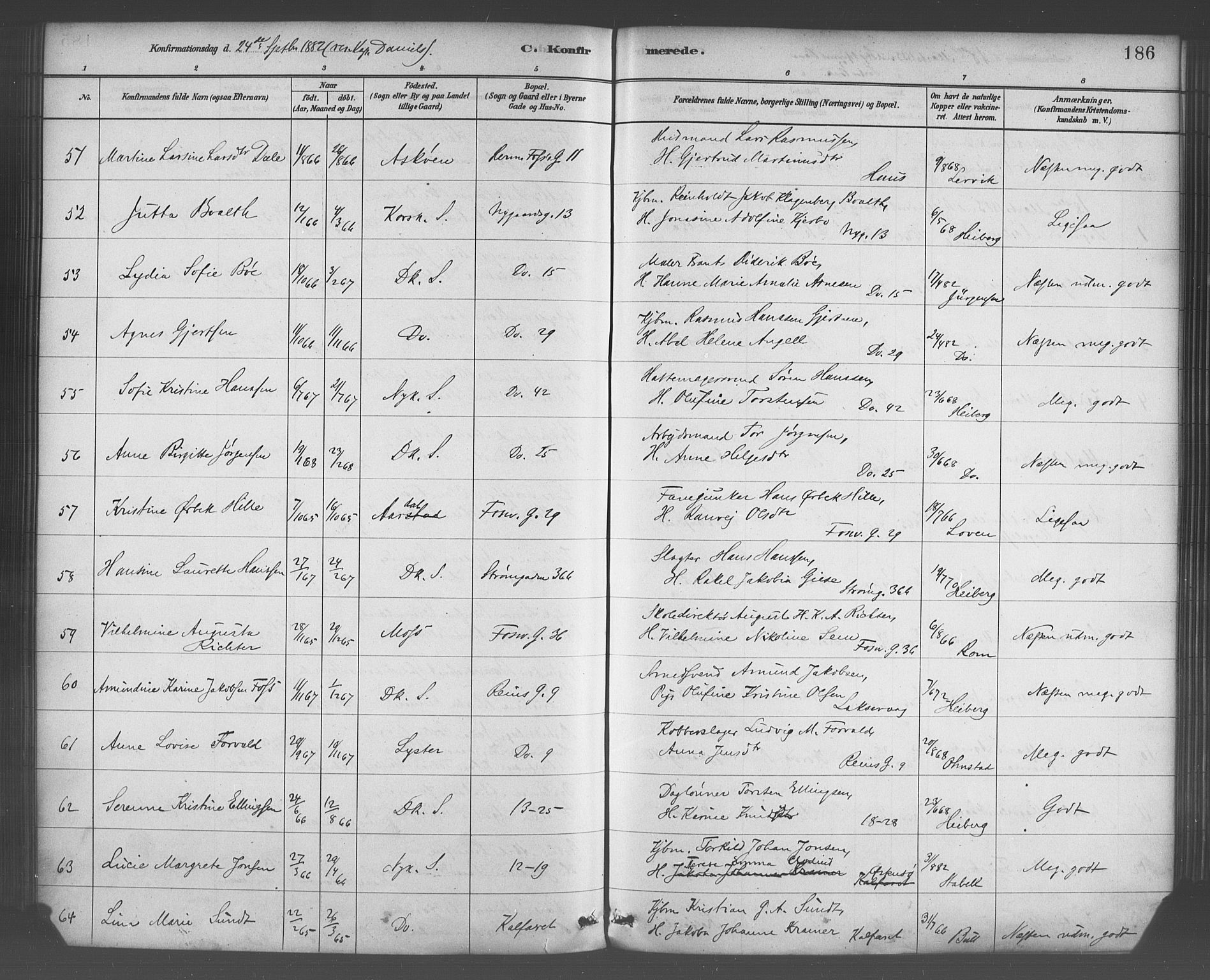 Domkirken sokneprestembete, SAB/A-74801/H/Haa/L0030: Parish register (official) no. C 5, 1880-1898, p. 186