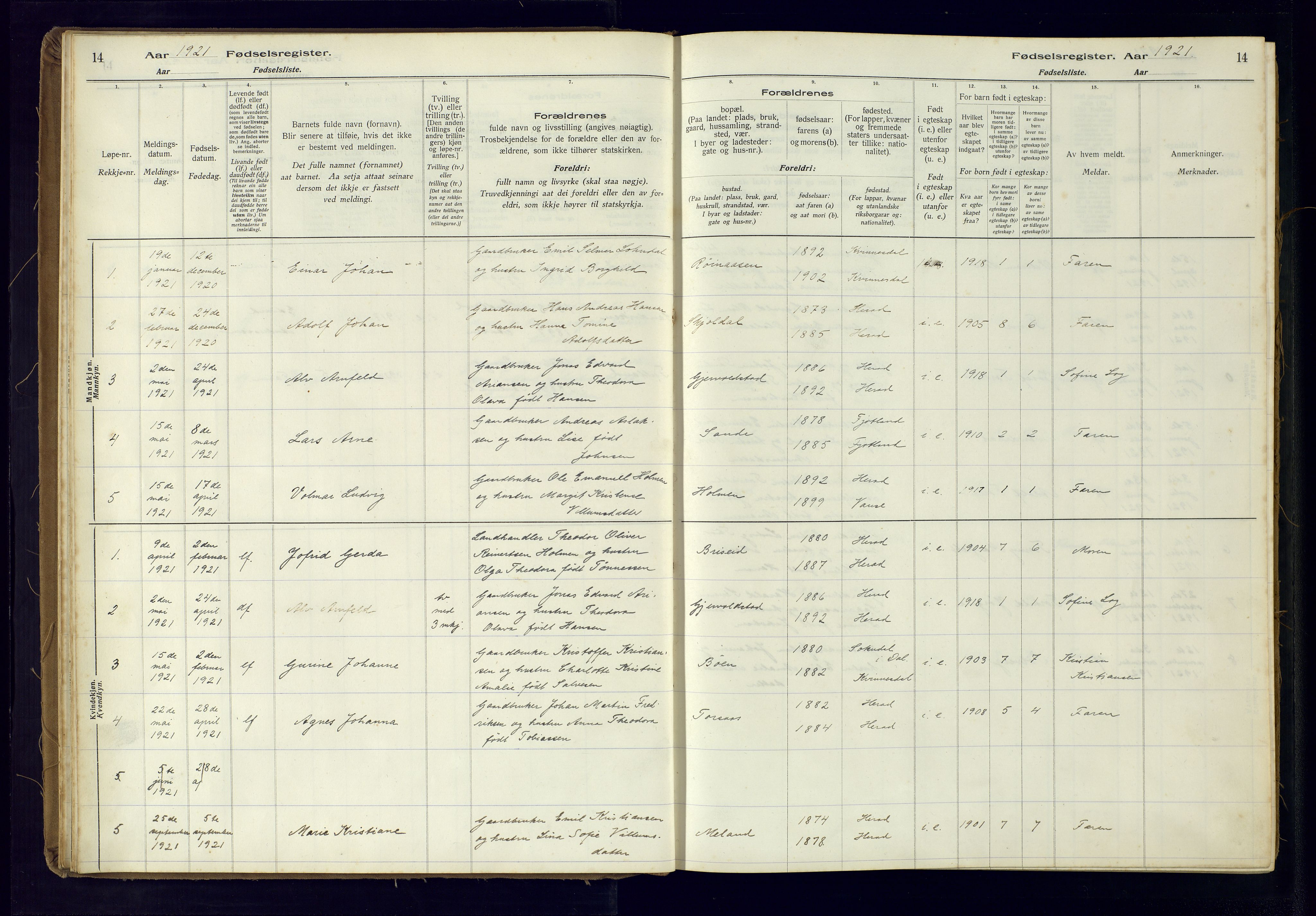 Herad sokneprestkontor, AV/SAK-1111-0018/J/Ja/L0001: Birth register no. A-VI-12, 1916-1981, p. 14