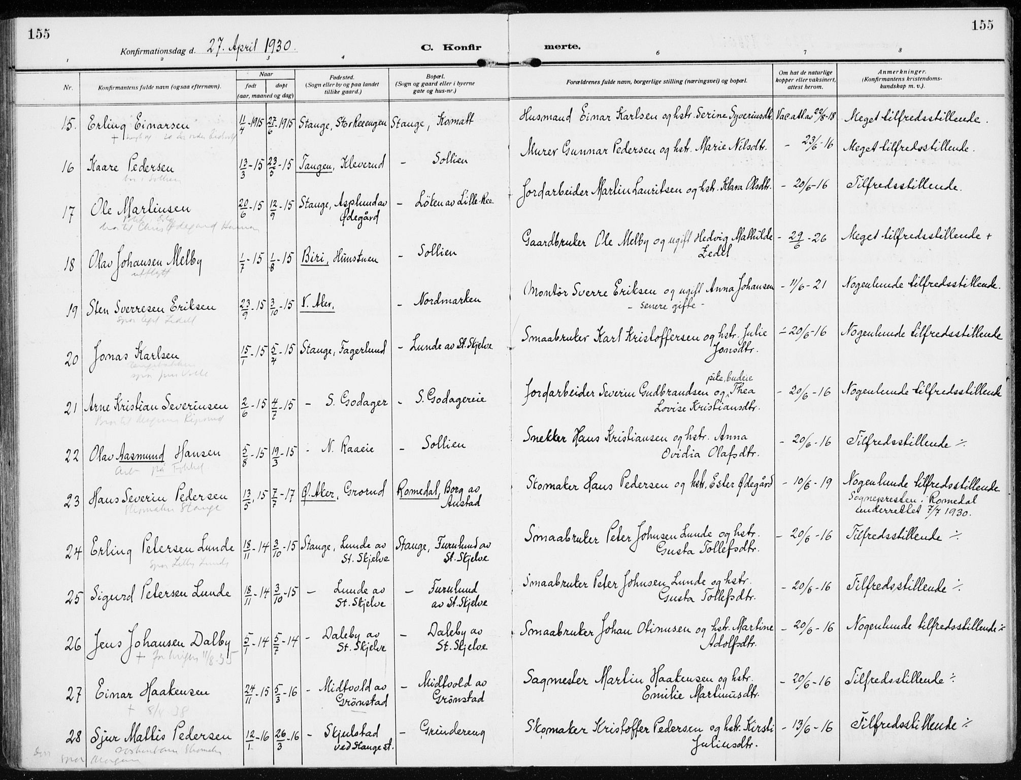 Stange prestekontor, AV/SAH-PREST-002/K/L0026: Parish register (official) no. 26, 1923-1937, p. 155