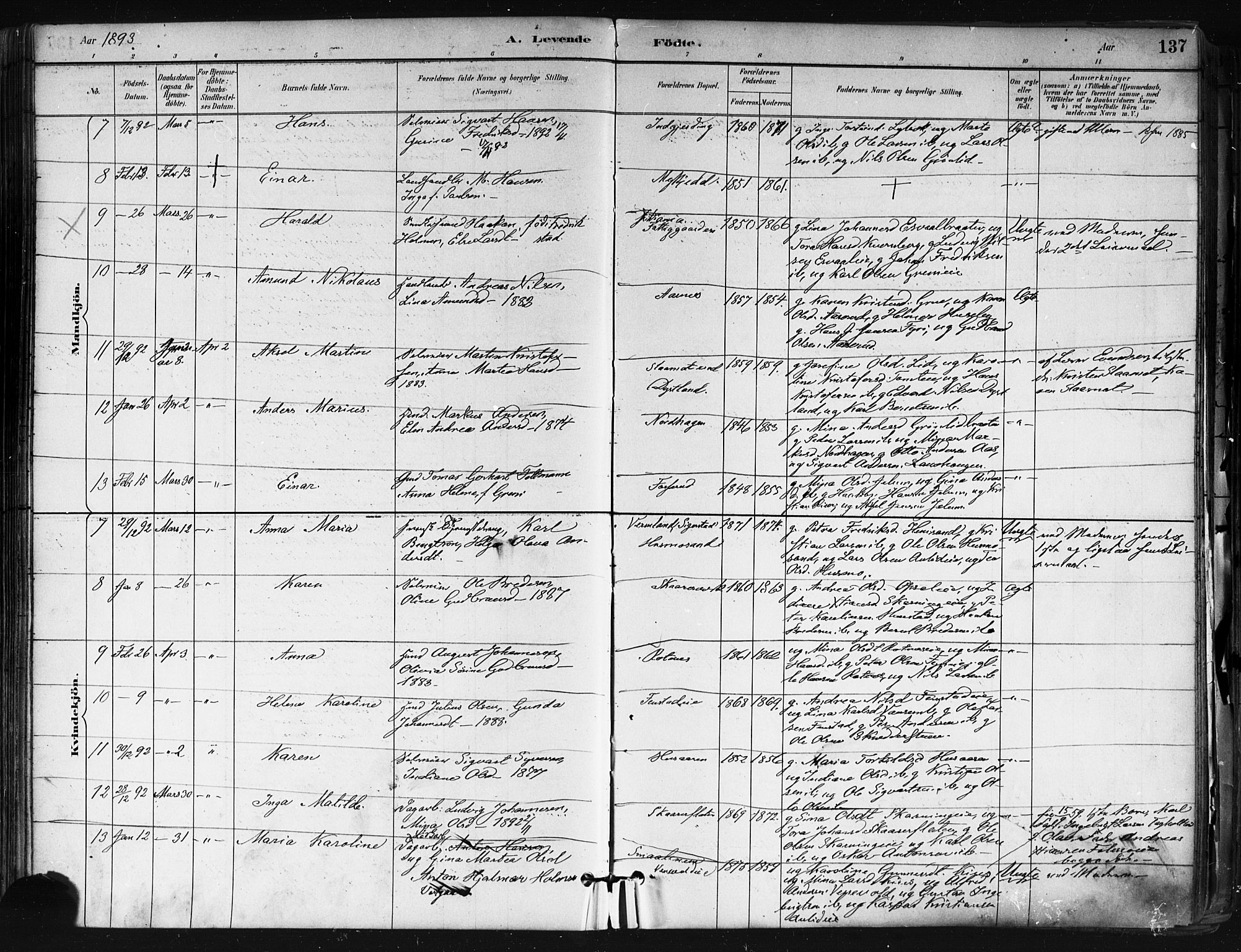 Nes prestekontor Kirkebøker, SAO/A-10410/F/Fa/L0010: Parish register (official) no. I 10, 1883-1898, p. 137