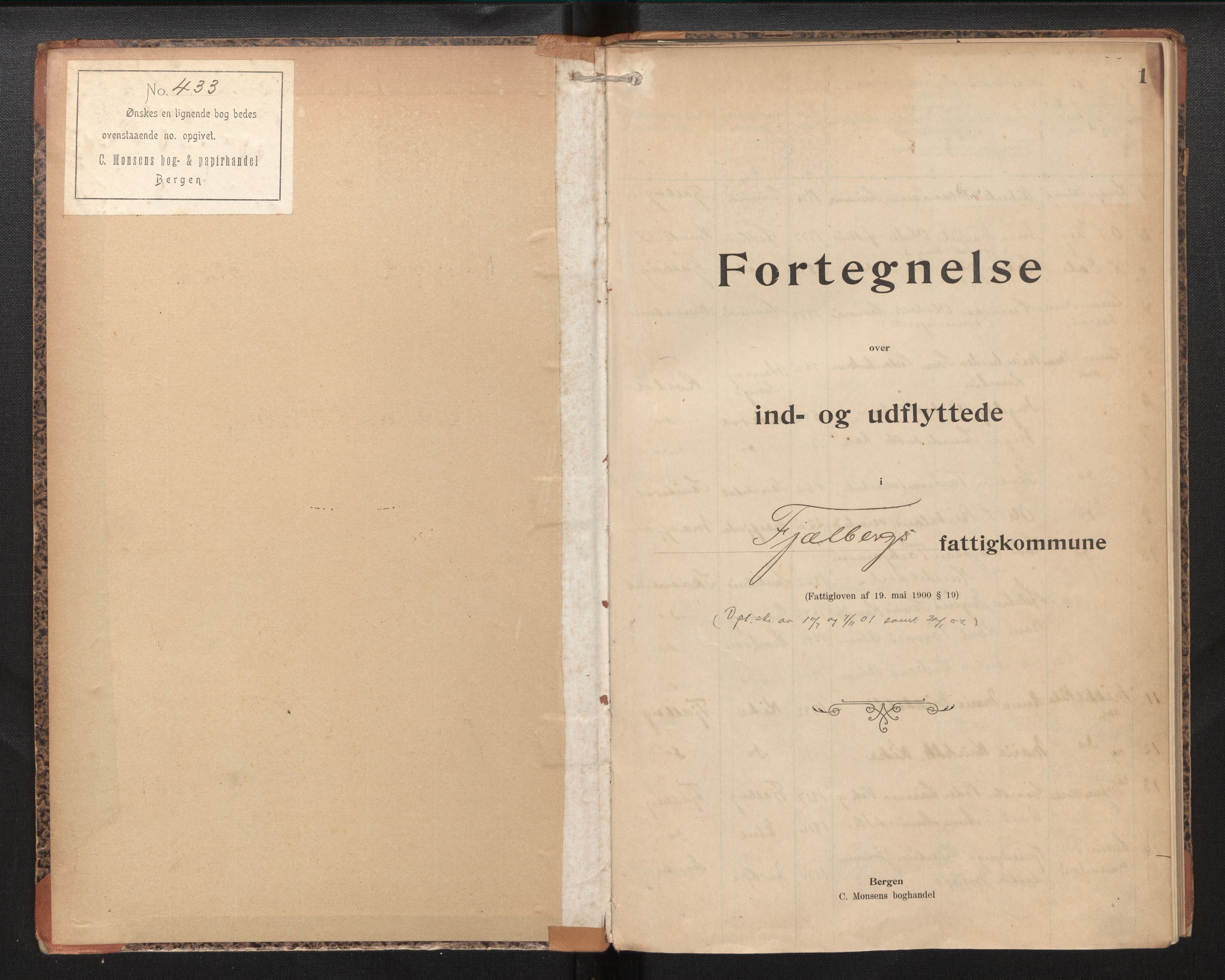 Lensmannen i Fjelberg, SAB/A-32101/0020/L0003: Protokoll over inn- og utflytte, Fjelberg, Bjoa og Ølen, 1901-1943, p. 1