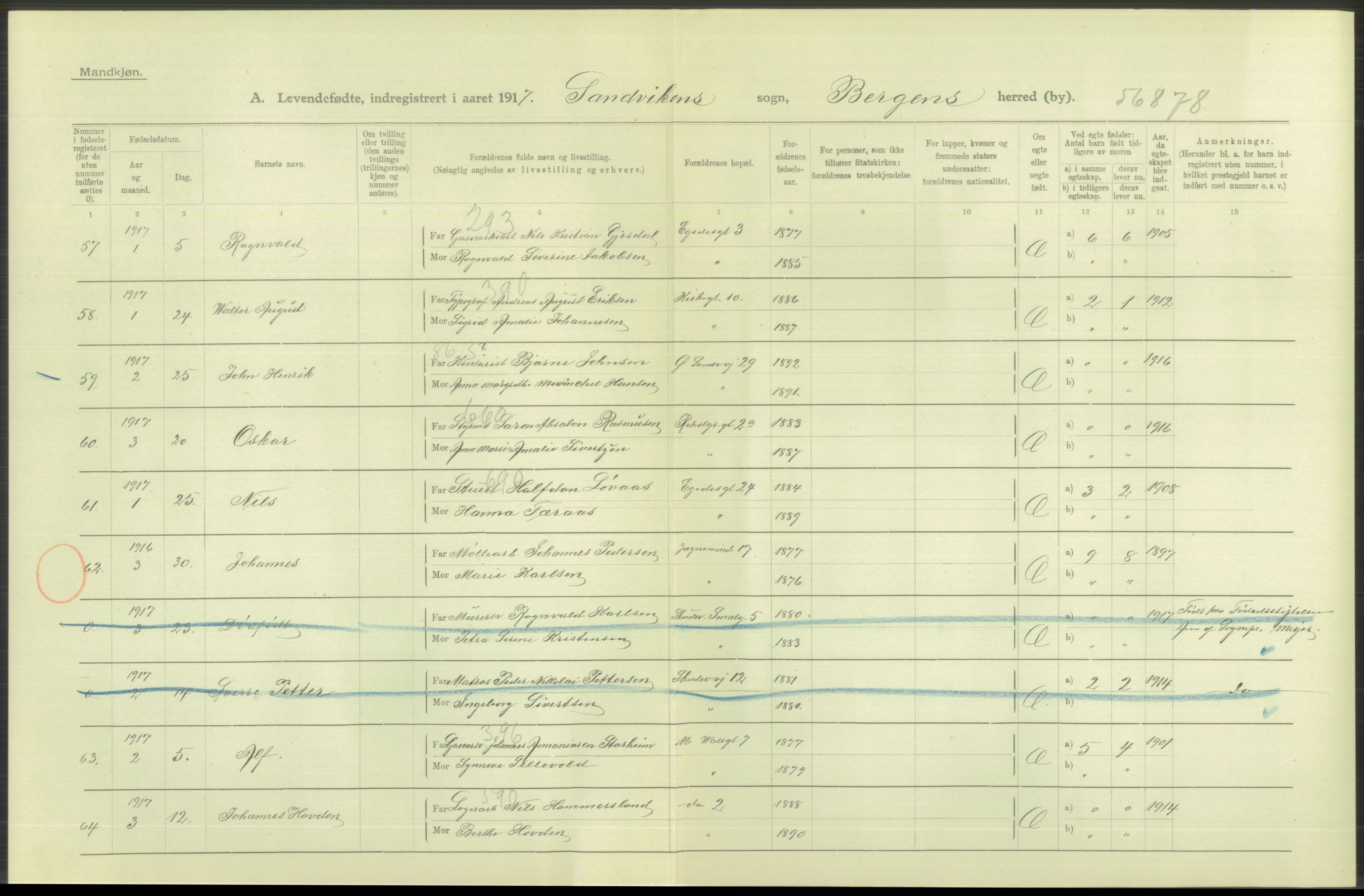 Statistisk sentralbyrå, Sosiodemografiske emner, Befolkning, AV/RA-S-2228/D/Df/Dfb/Dfbg/L0037: Bergen: Levendefødte menn og kvinner., 1917, p. 304