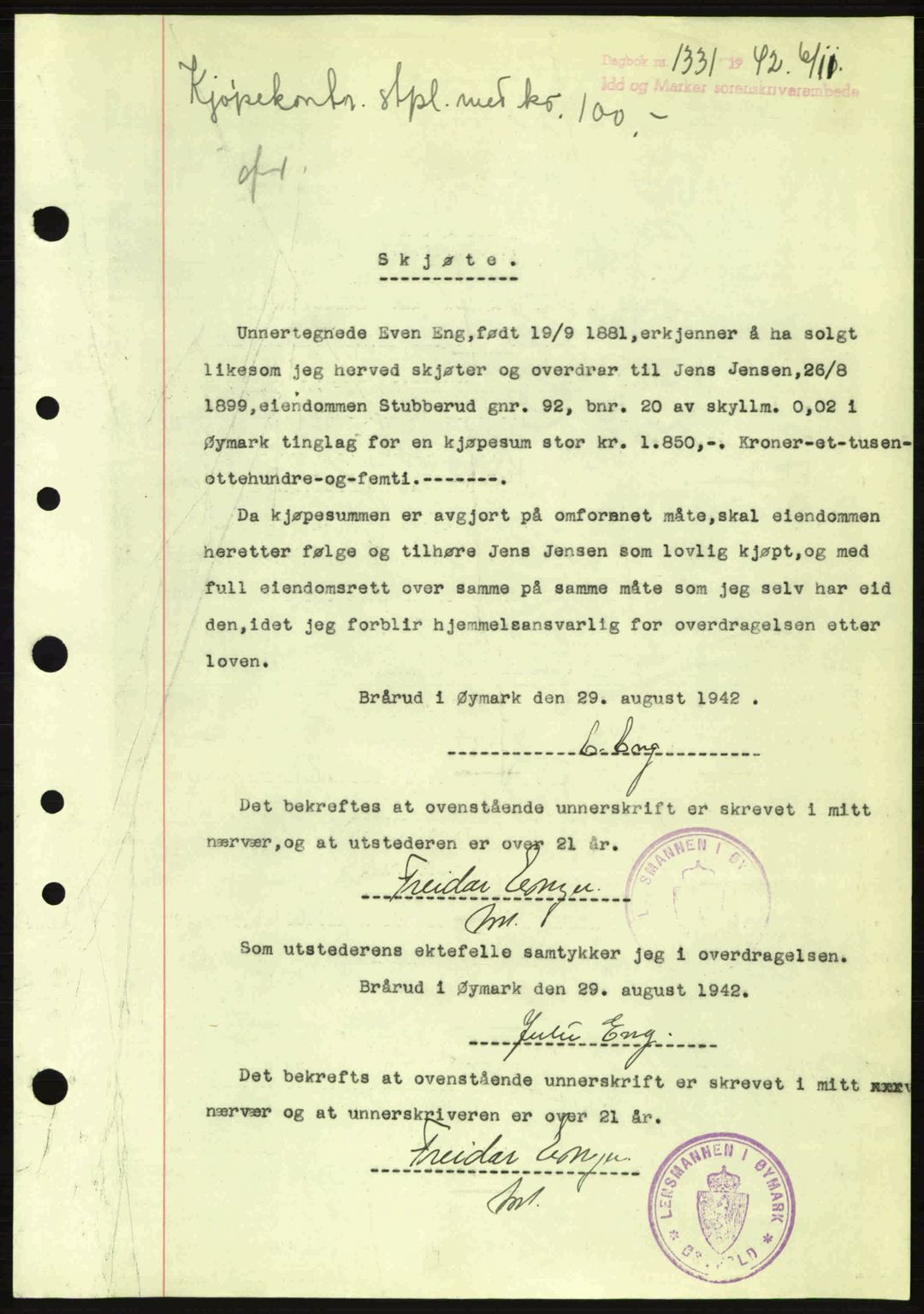 Idd og Marker sorenskriveri, AV/SAO-A-10283/G/Gb/Gbb/L0005: Mortgage book no. A5, 1941-1943, Diary no: : 1331/1942