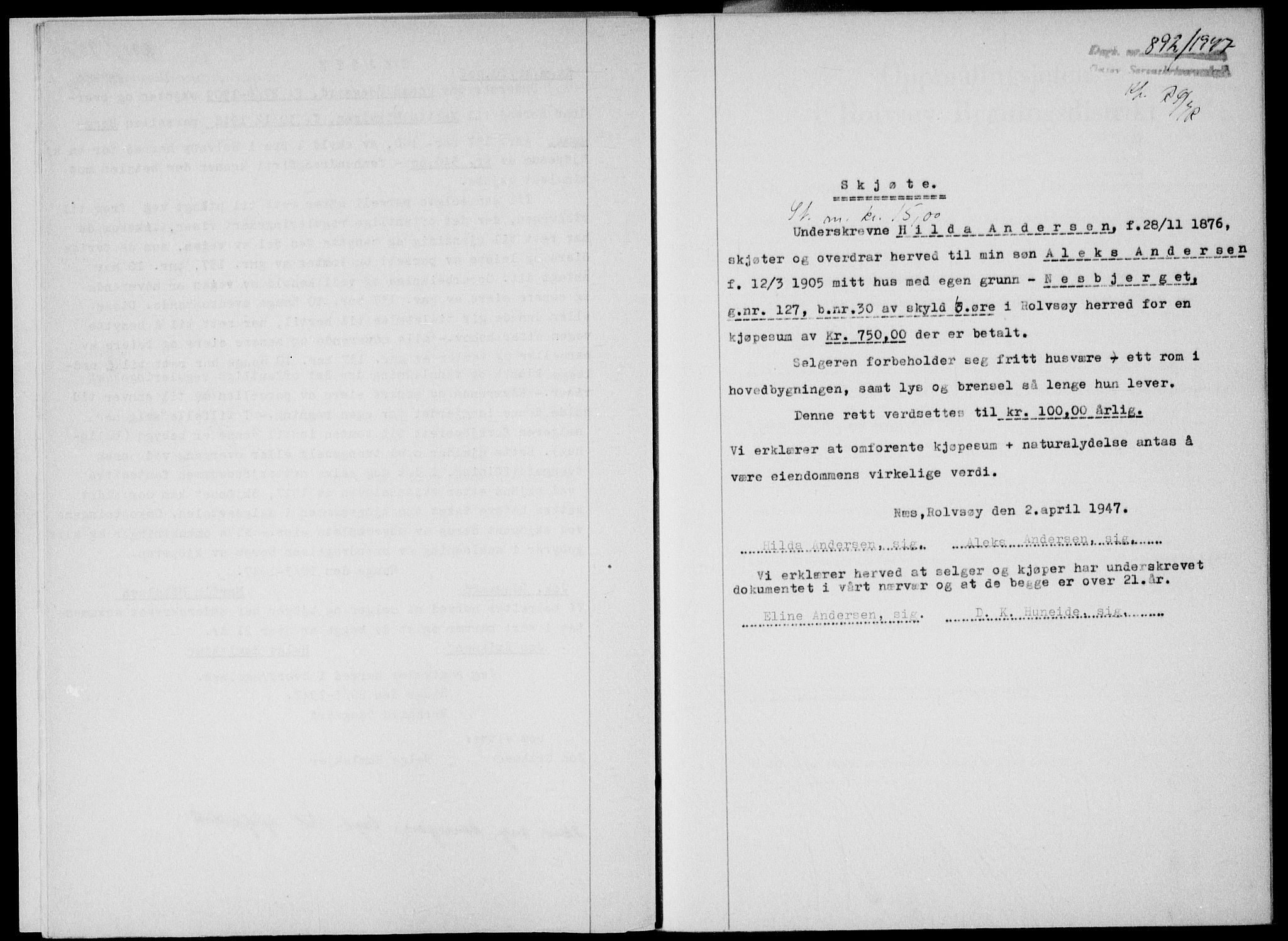 Onsøy sorenskriveri, SAO/A-10474/G/Ga/Gab/L0019b: Mortgage book no. II A-19 B, 1947-1947, Diary no: : 892/1947