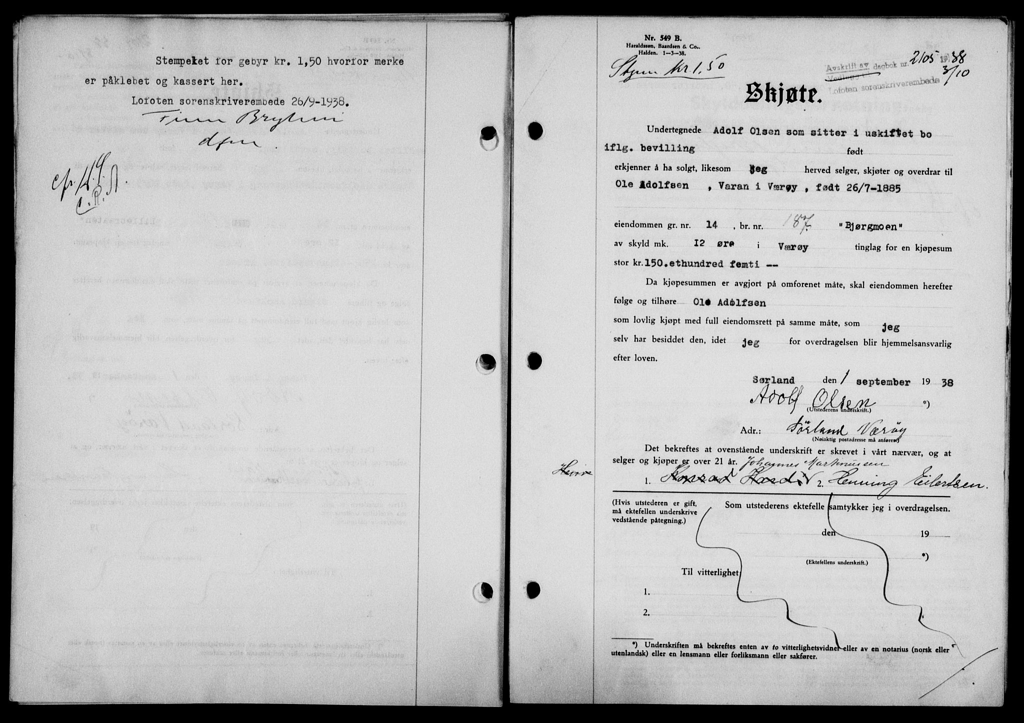 Lofoten sorenskriveri, SAT/A-0017/1/2/2C/L0004a: Mortgage book no. 4a, 1938-1938, Diary no: : 2105/1938