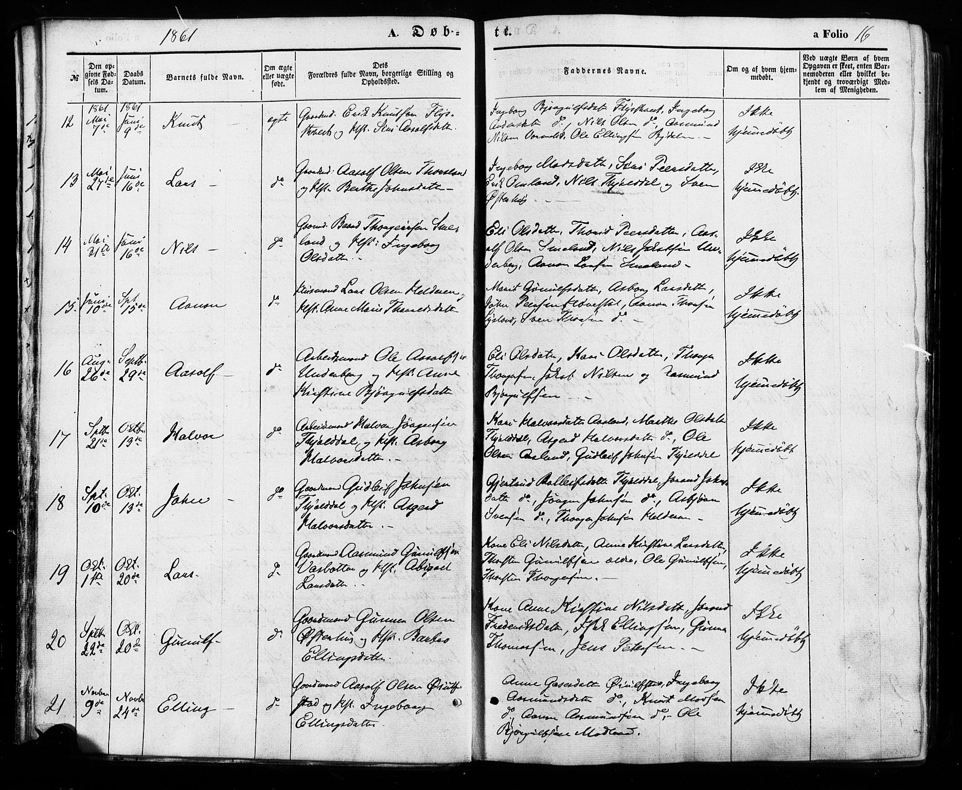 Åseral sokneprestkontor, AV/SAK-1111-0051/F/Fa/L0002: Parish register (official) no. A 2, 1854-1884, p. 16