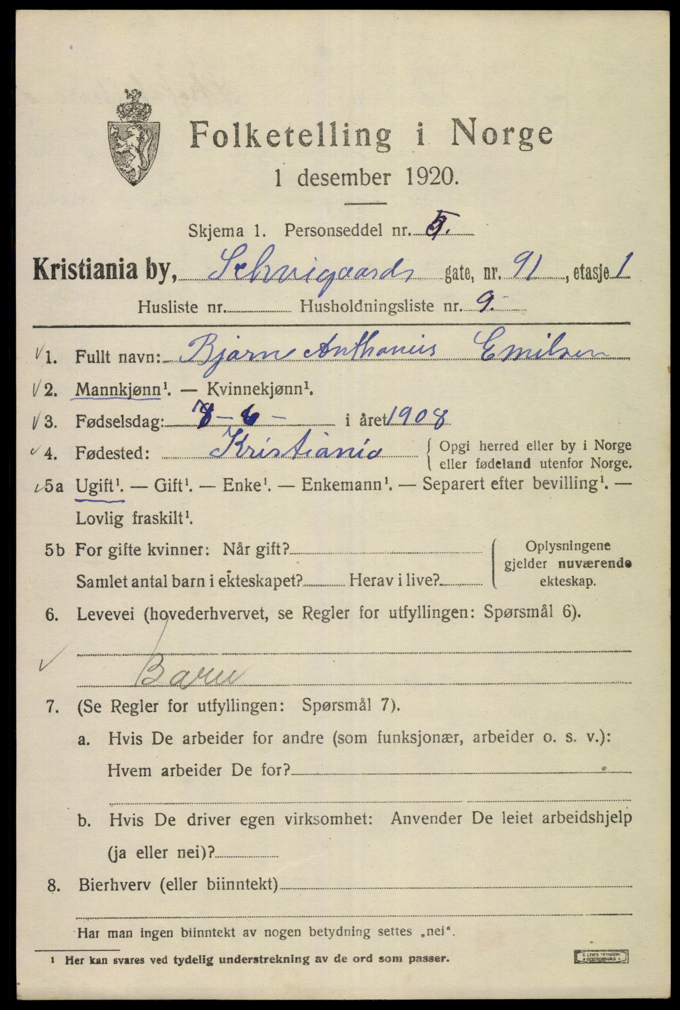 SAO, 1920 census for Kristiania, 1920, p. 498823