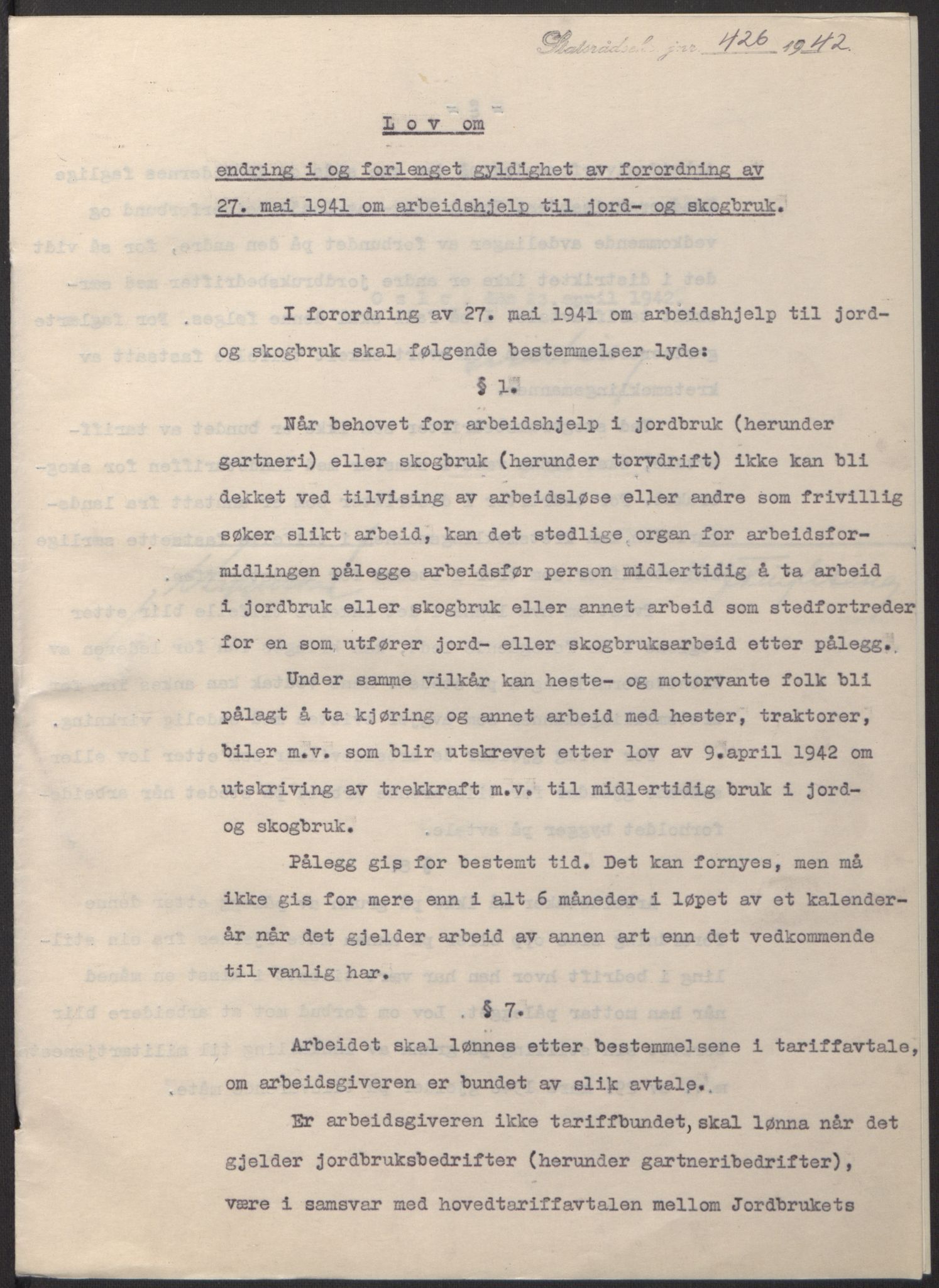 NS-administrasjonen 1940-1945 (Statsrådsekretariatet, de kommisariske statsråder mm), RA/S-4279/D/Db/L0097: Lover I, 1942, p. 307