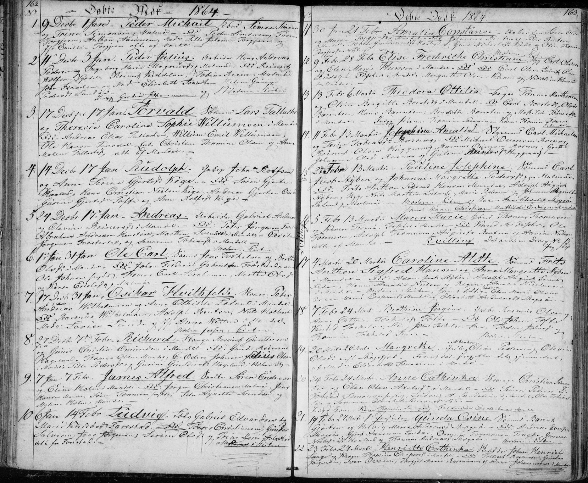 Mandal sokneprestkontor, AV/SAK-1111-0030/F/Fb/Fba/L0008: Parish register (copy) no. B 2, 1854-1868, p. 162-163