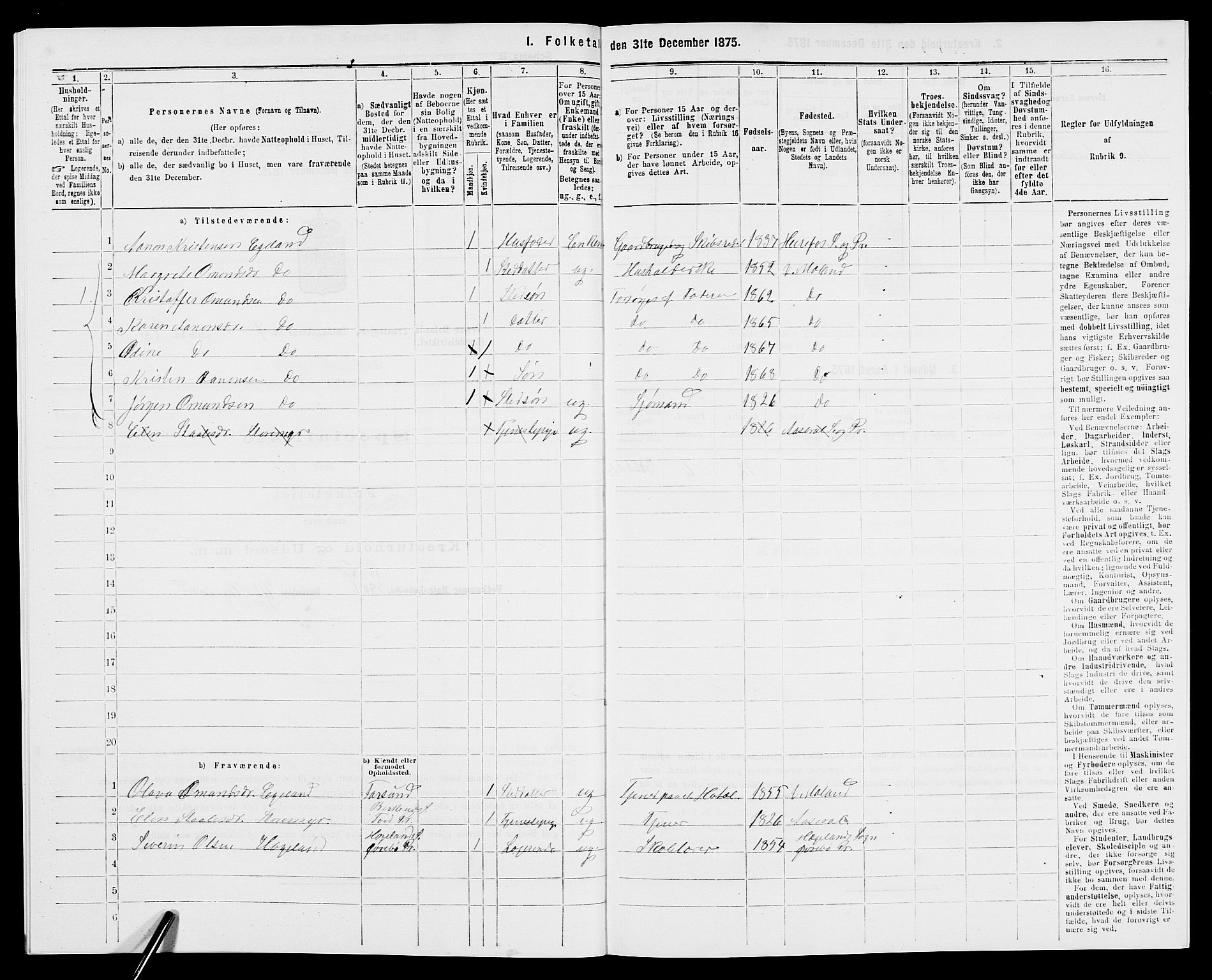 SAK, 1875 census for 0926L Vestre Moland/Vestre Moland, 1875, p. 565