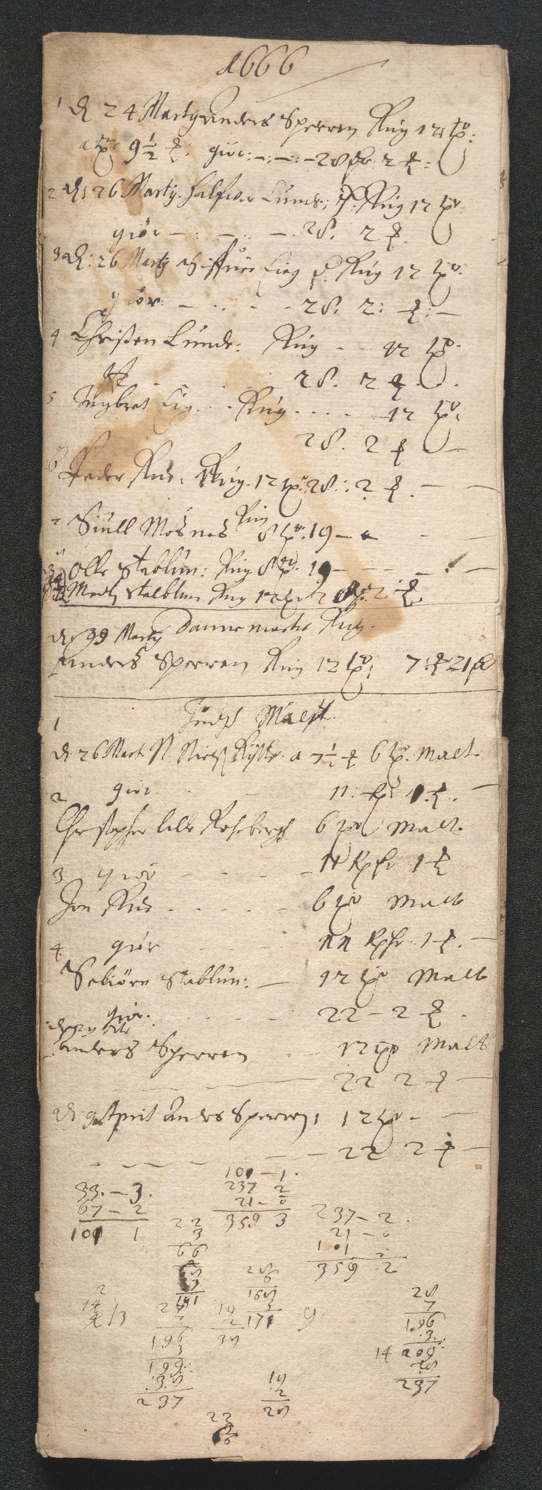 Kongsberg Sølvverk 1623-1816, AV/SAKO-EA-3135/001/D/Dc/Dcd/L0039: Utgiftsregnskap for gruver m.m., 1666, p. 238