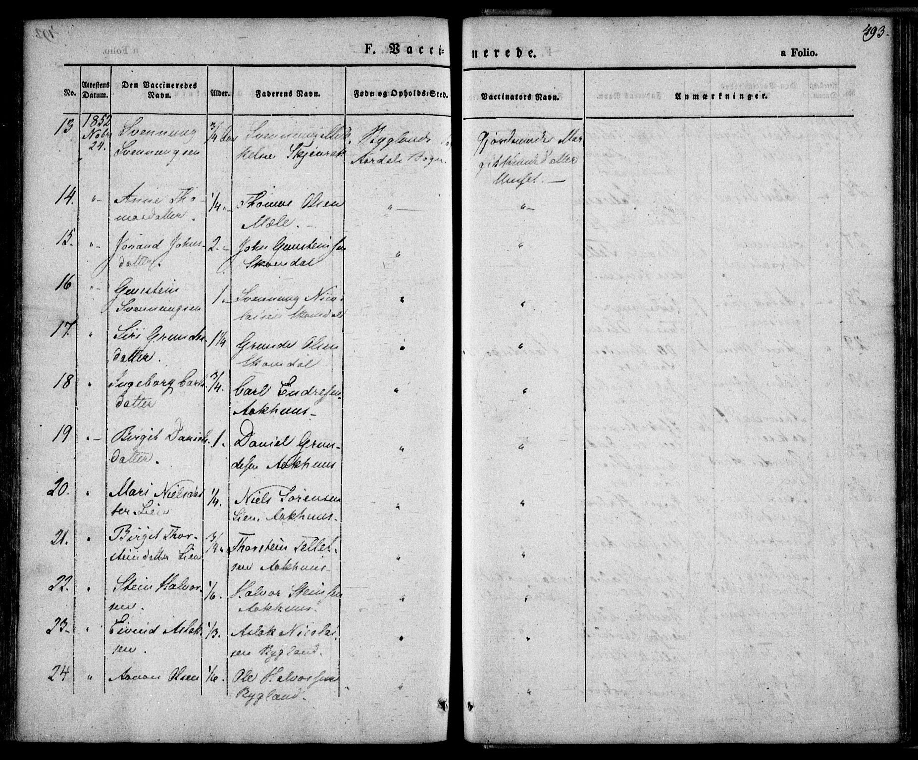 Bygland sokneprestkontor, AV/SAK-1111-0006/F/Fa/Fab/L0004: Parish register (official) no. A 4, 1842-1858, p. 493