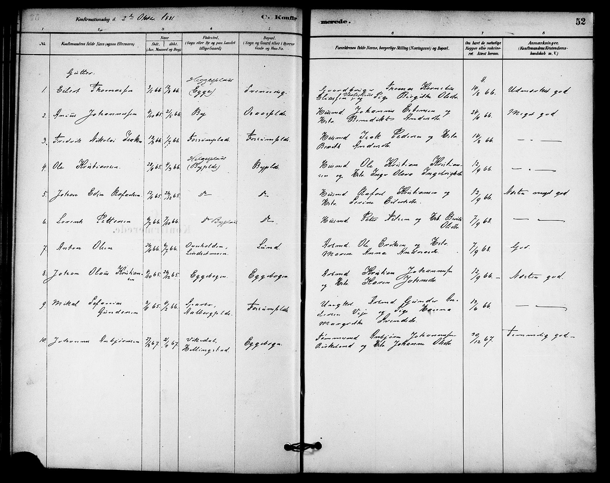 Ministerialprotokoller, klokkerbøker og fødselsregistre - Nord-Trøndelag, SAT/A-1458/740/L0378: Parish register (official) no. 740A01, 1881-1895, p. 52