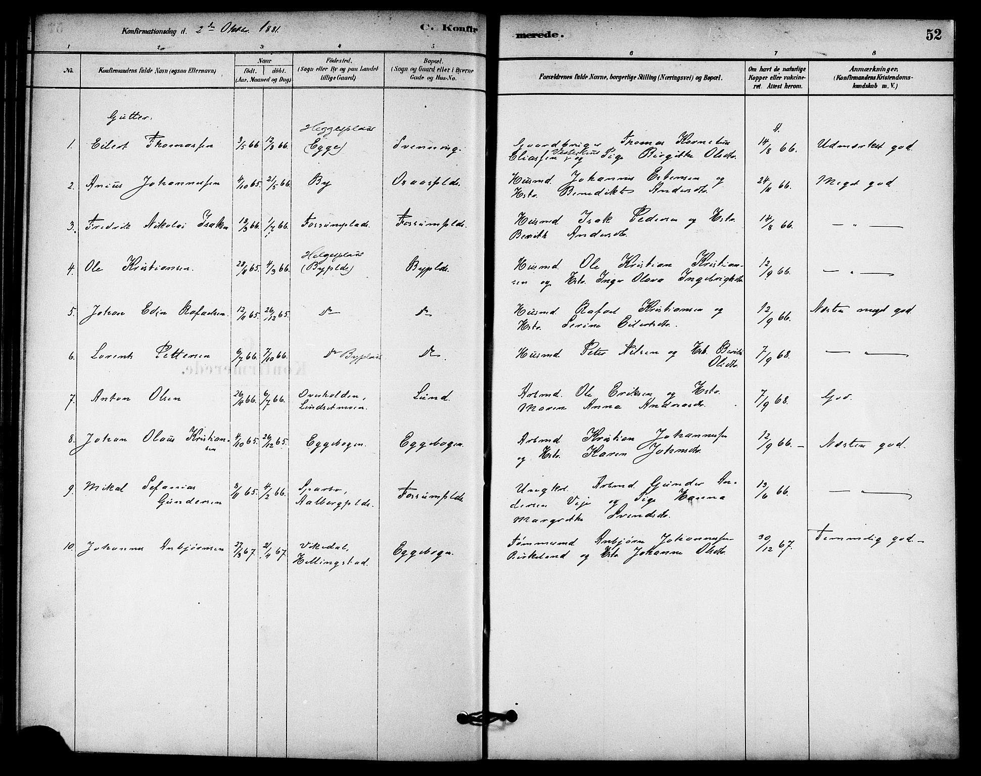 Ministerialprotokoller, klokkerbøker og fødselsregistre - Nord-Trøndelag, AV/SAT-A-1458/740/L0378: Parish register (official) no. 740A01, 1881-1895, p. 52