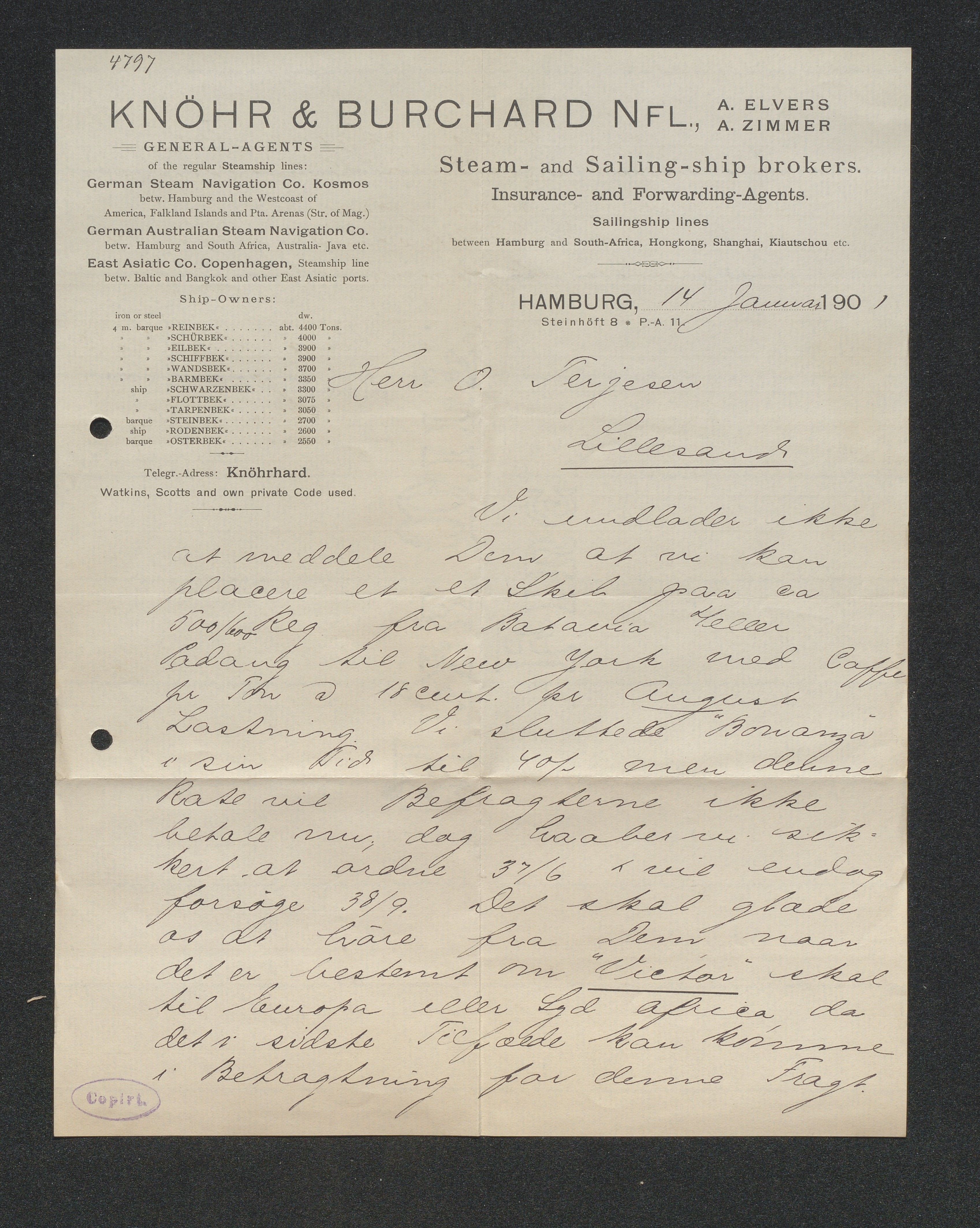 O. Terjesens rederi, AAKS/PA-2525/E/E01/L0010: Korrespondanse, 1901