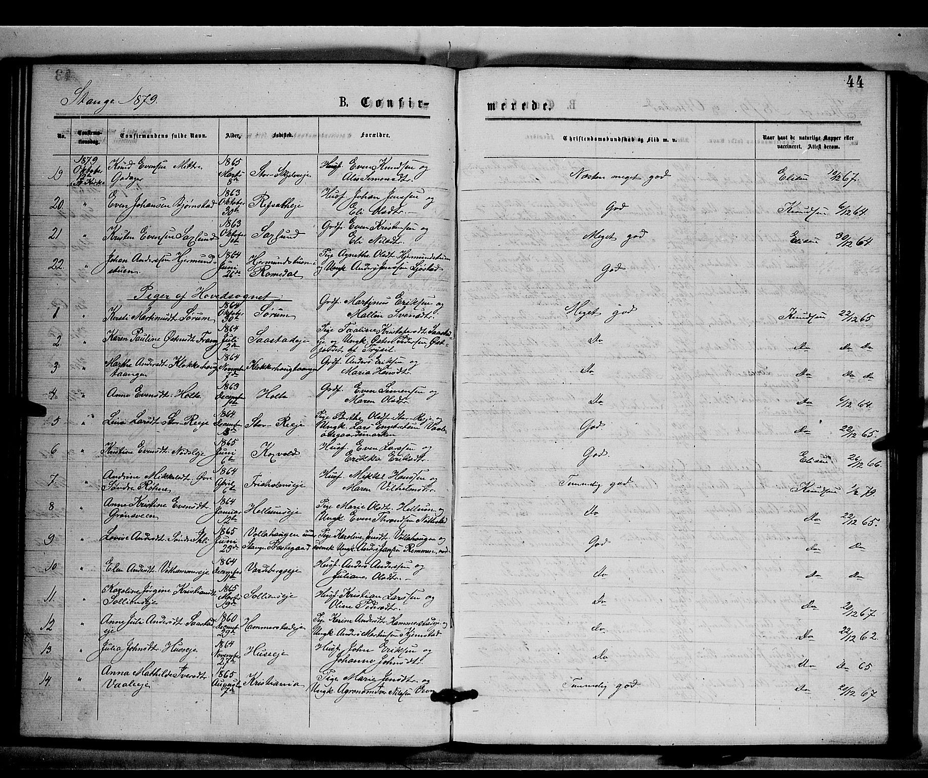 Stange prestekontor, AV/SAH-PREST-002/K/L0016: Parish register (official) no. 16, 1874-1879, p. 44