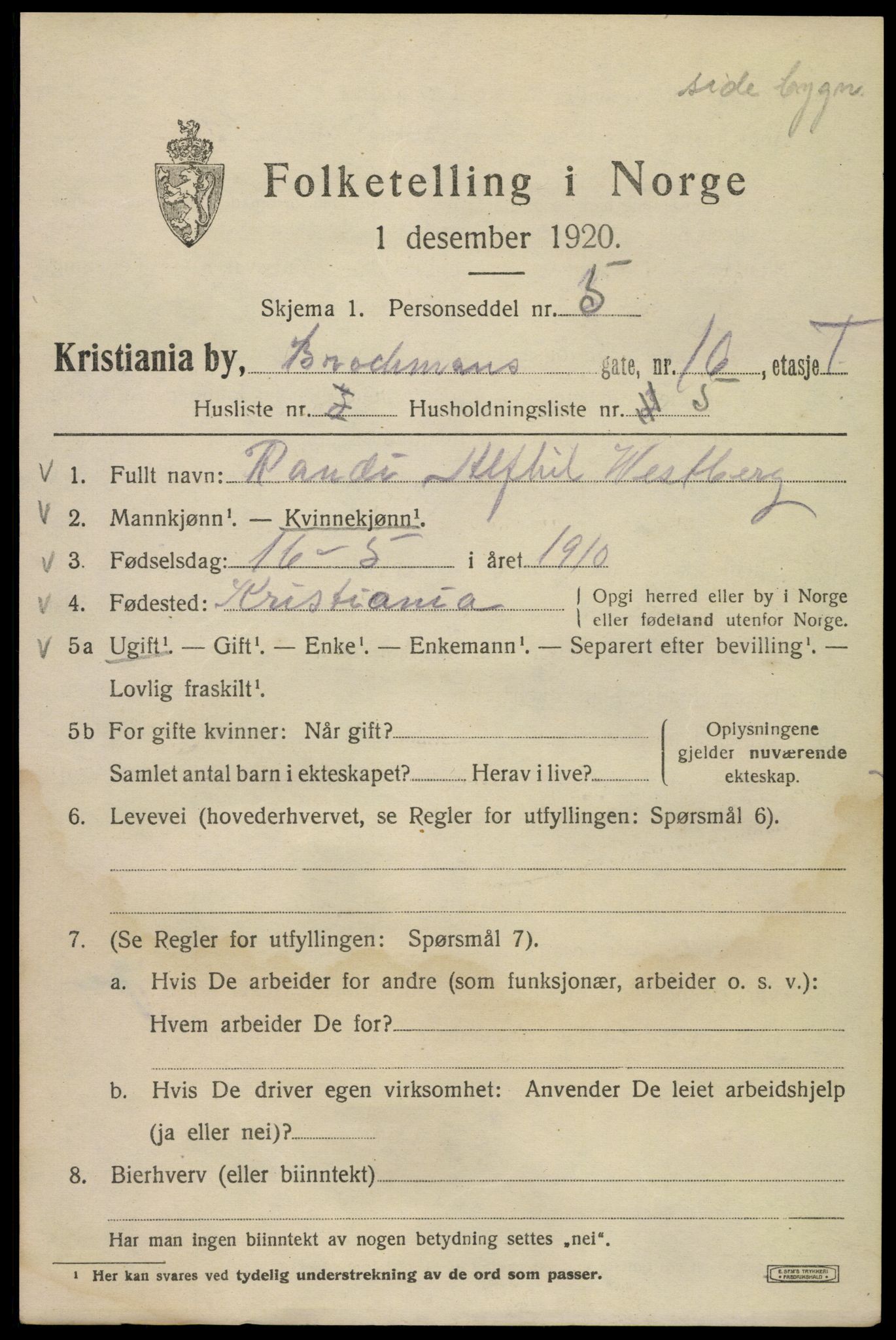 SAO, 1920 census for Kristiania, 1920, p. 174619