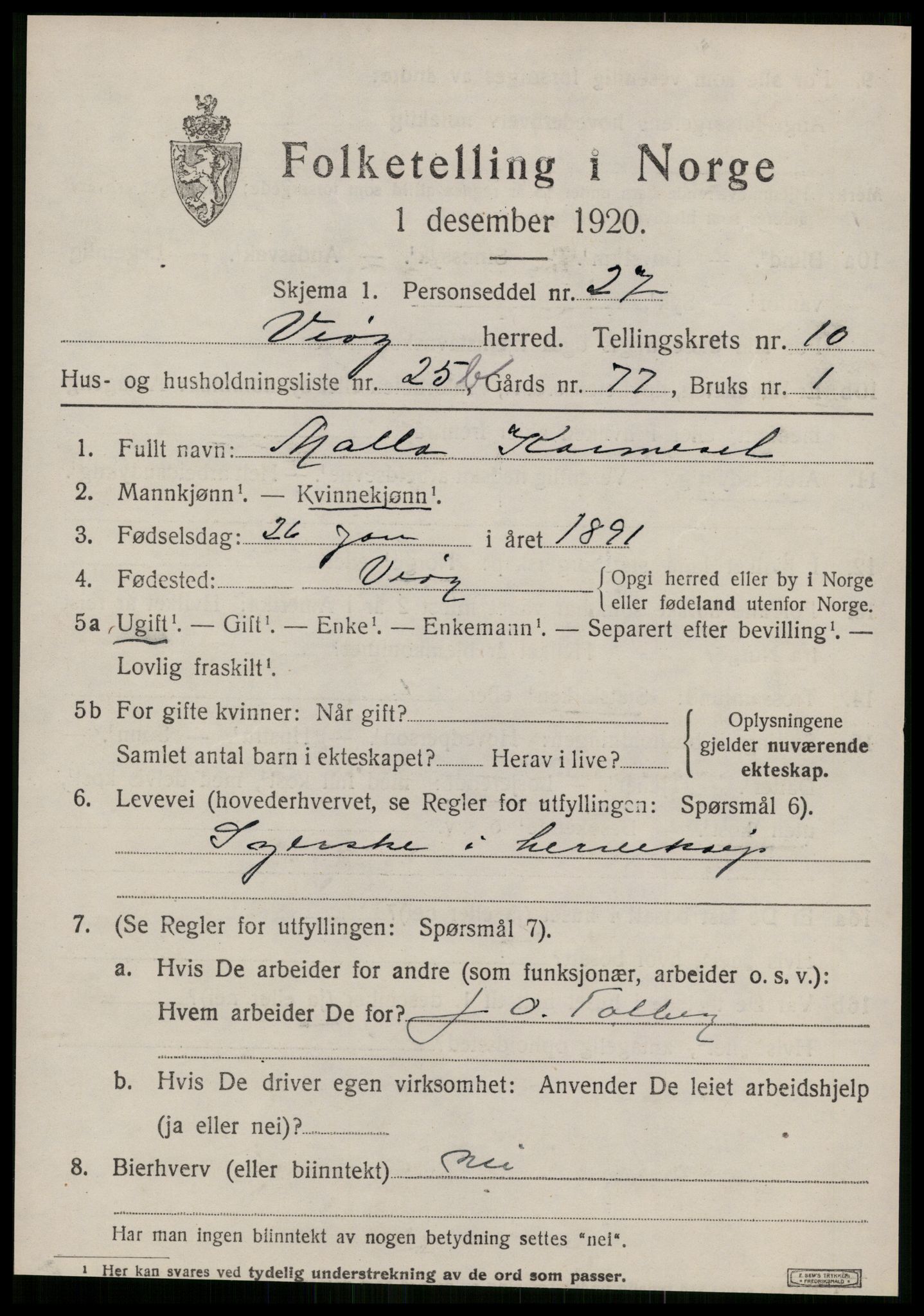 SAT, 1920 census for Veøy, 1920, p. 5109