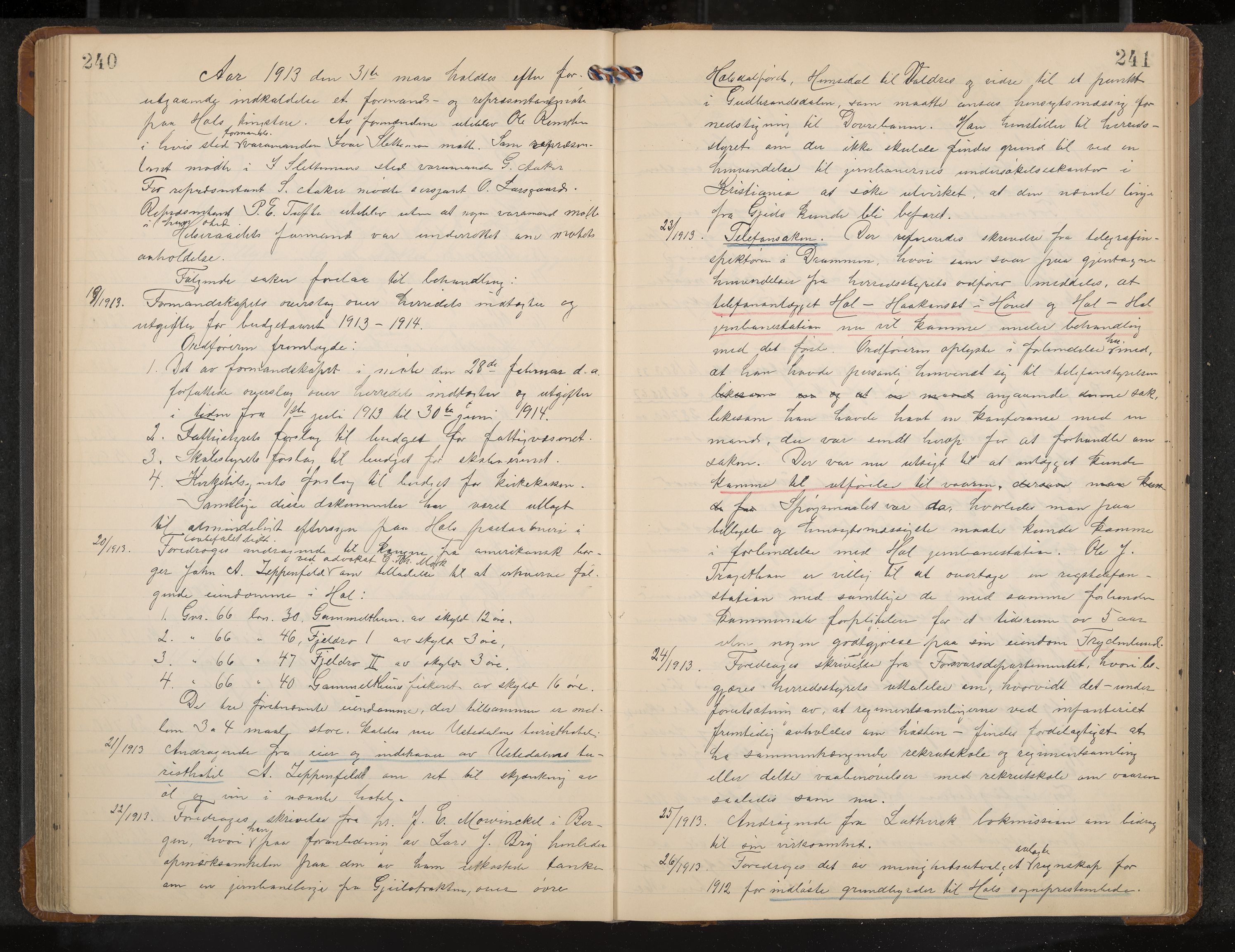 Hol formannskap og sentraladministrasjon, IKAK/0620021-1/A/L0005: Møtebok, 1909-1915, p. 240-241