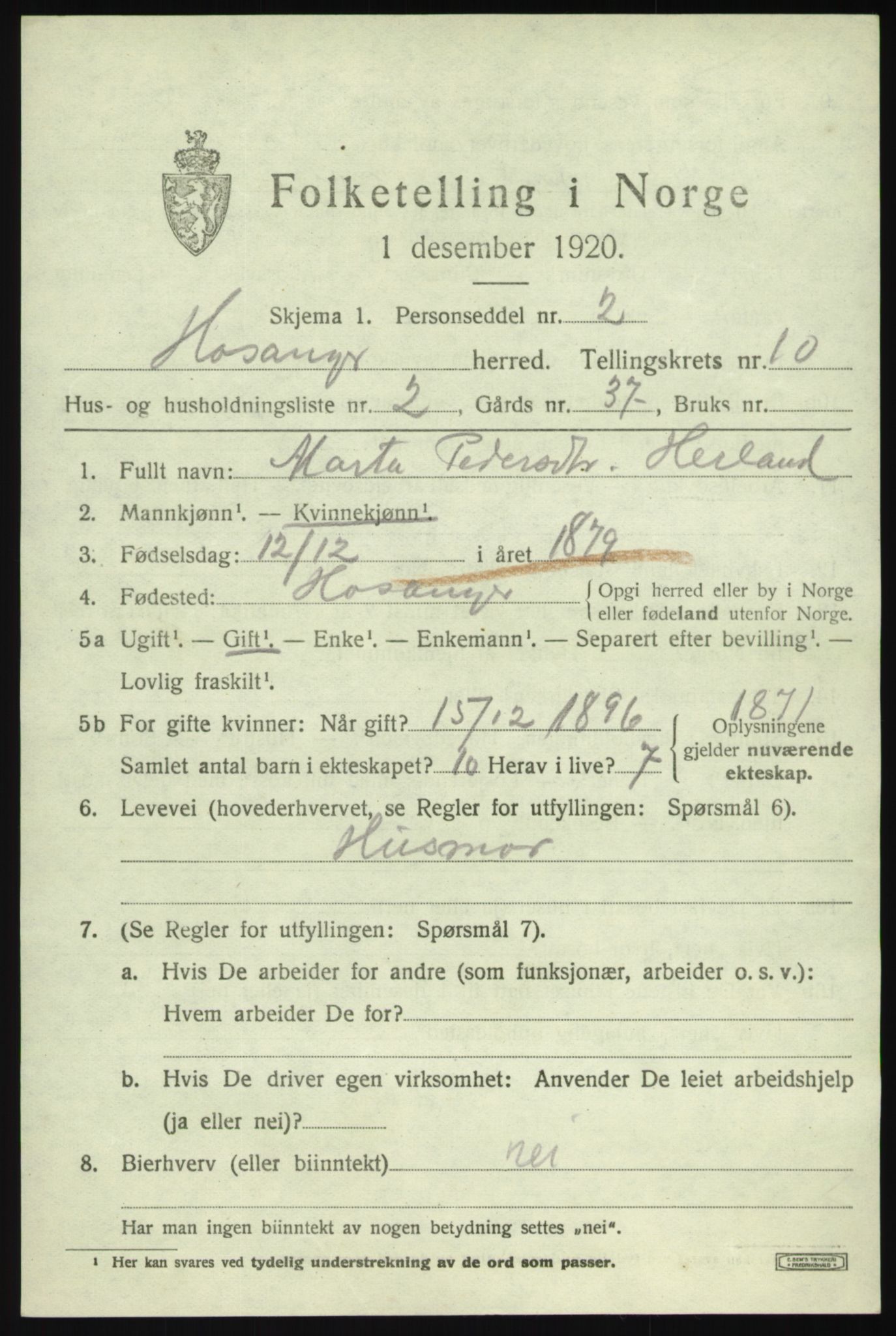 SAB, 1920 census for Hosanger, 1920, p. 4213