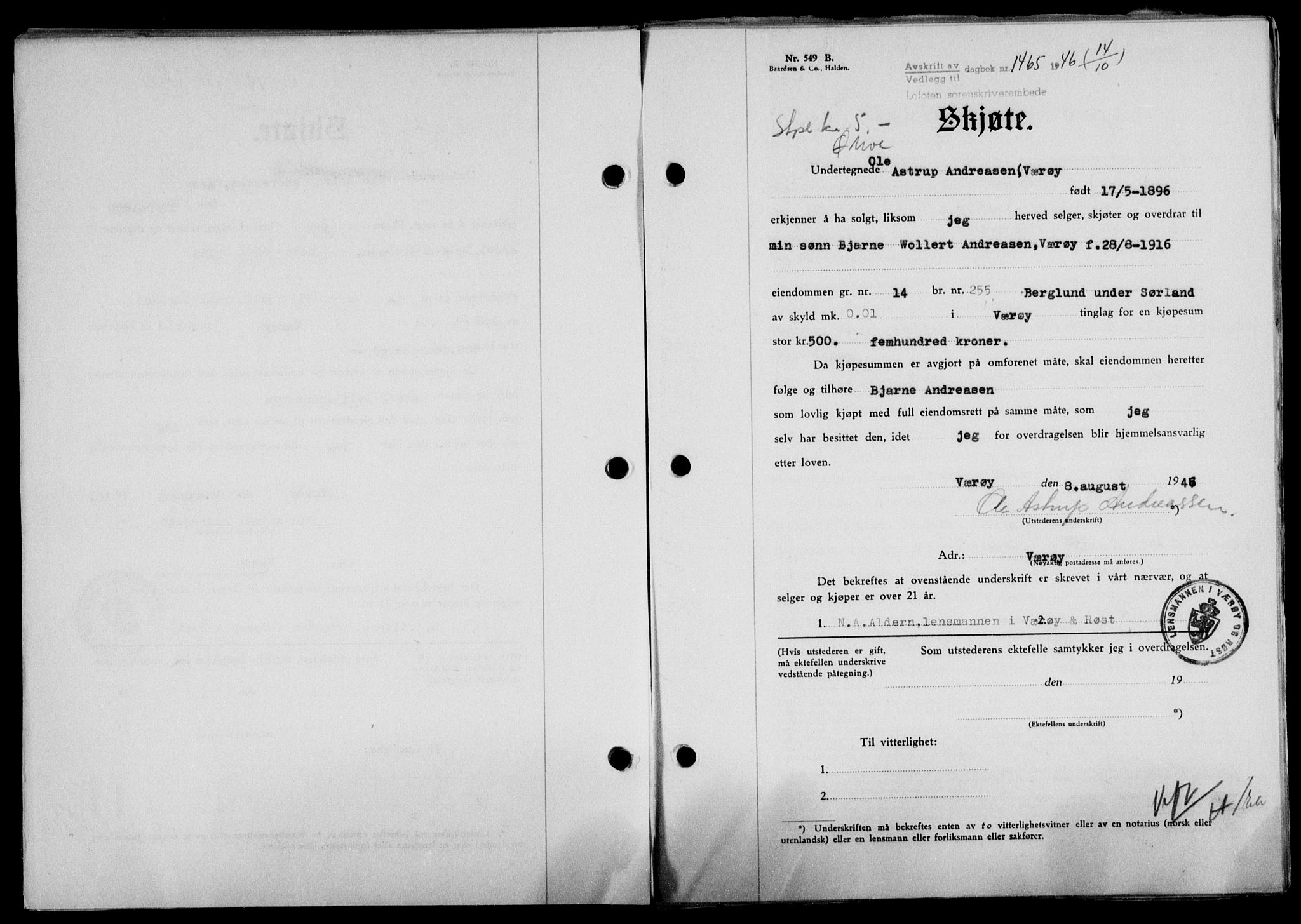 Lofoten sorenskriveri, SAT/A-0017/1/2/2C/L0014a: Mortgage book no. 14a, 1946-1946, Diary no: : 1465/1946