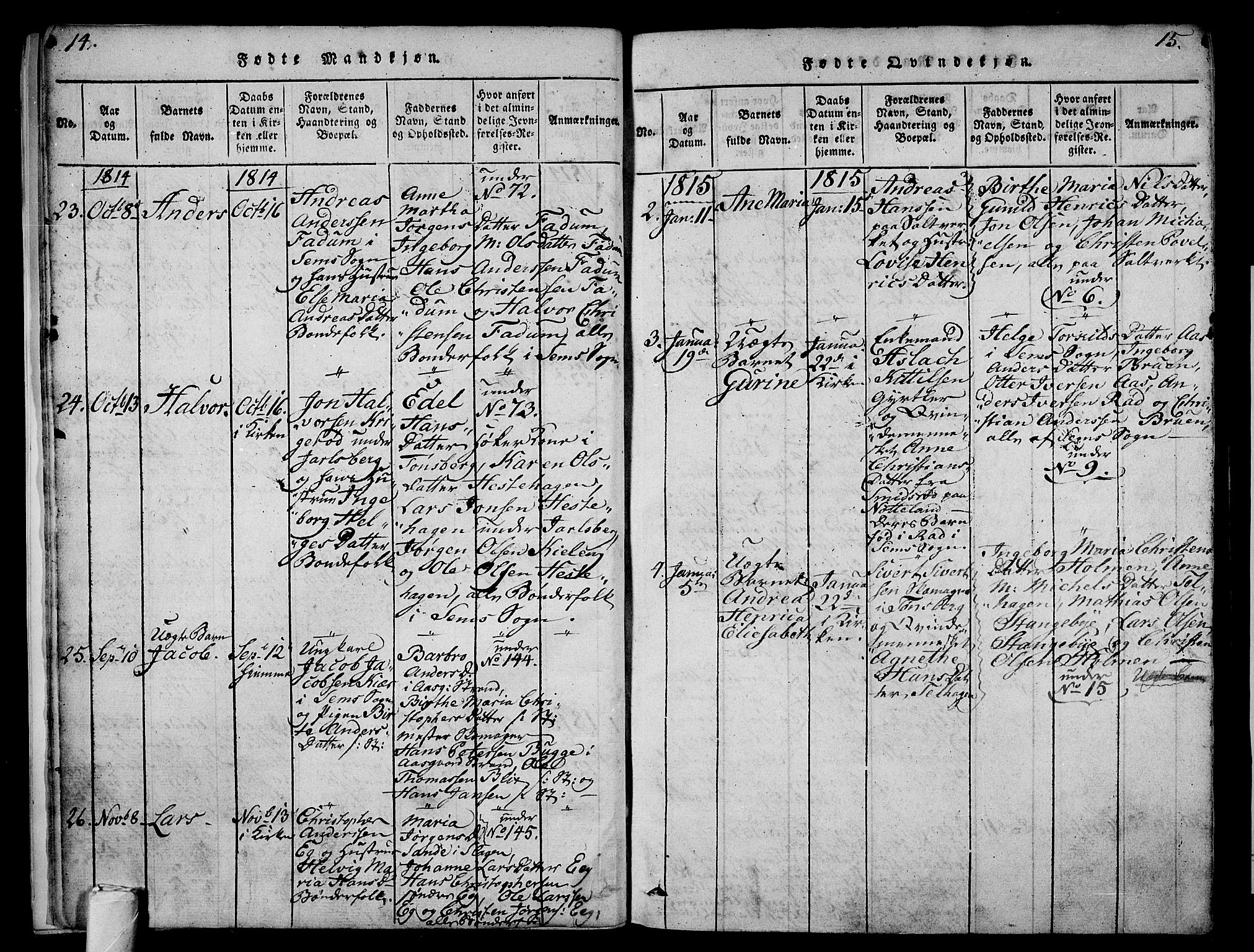 Sem kirkebøker, AV/SAKO-A-5/F/Fa/L0004: Parish register (official) no. I 4, 1814-1825, p. 14-15