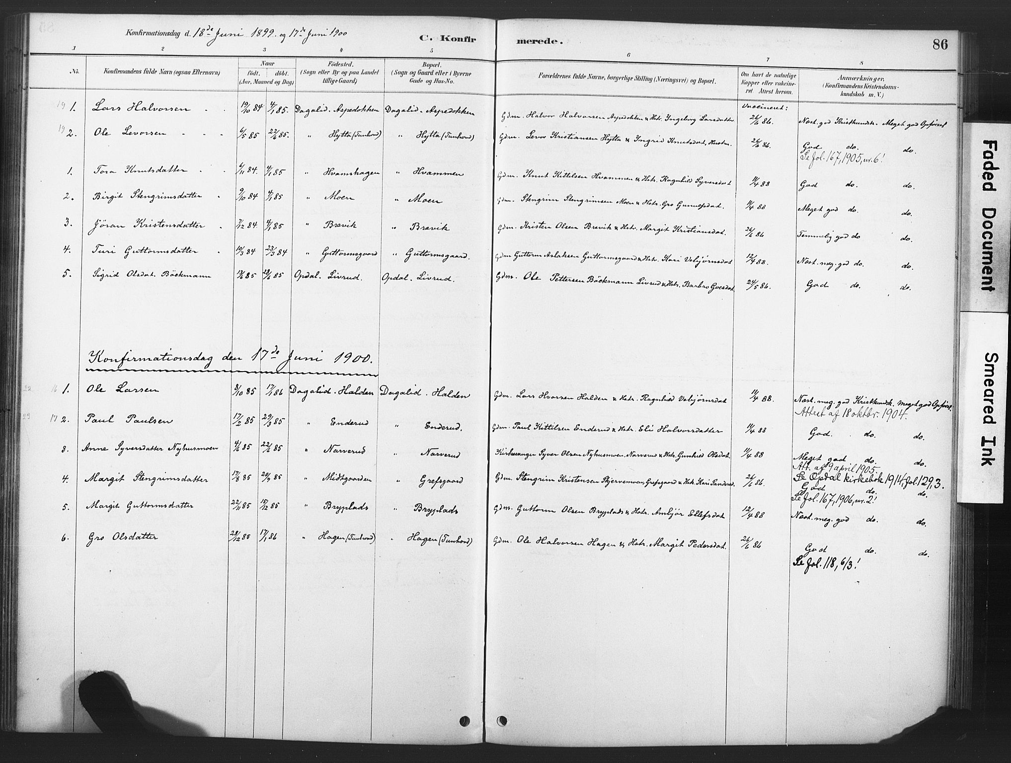 Nore kirkebøker, AV/SAKO-A-238/F/Fd/L0001: Parish register (official) no. IV 1, 1878-1918, p. 86