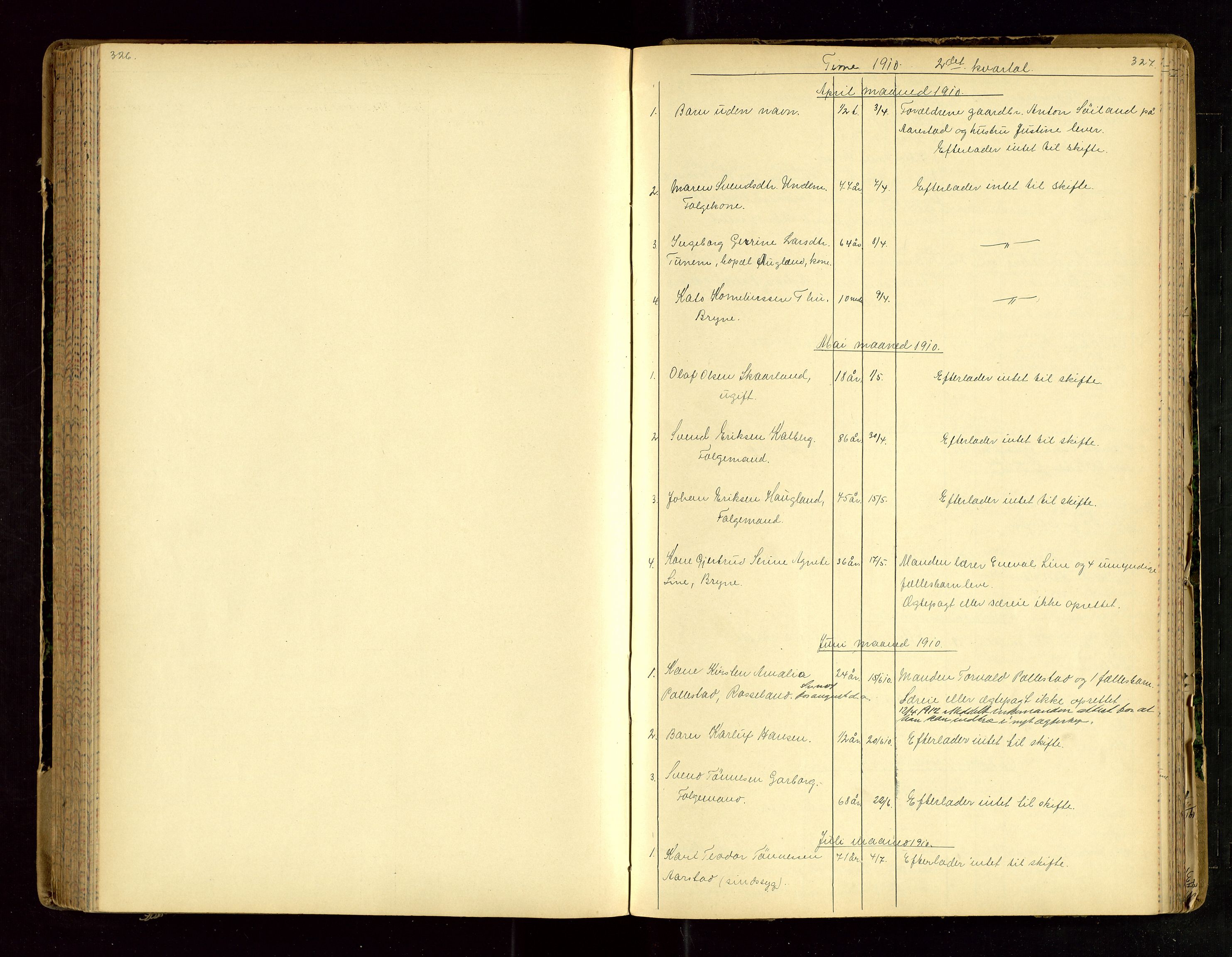 Jæren sorenskriveri, SAST/A-100310/01/5/52/52B/L0003: DØDSFALLPROTOKOLL, 1910-1916, p. 326-327