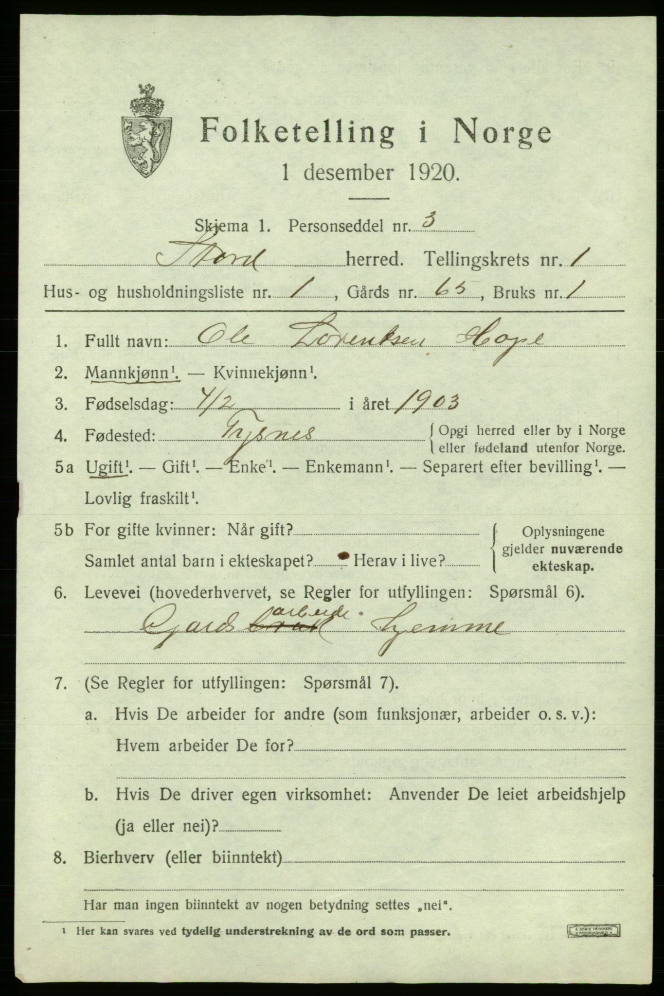 SAB, 1920 census for Stord, 1920, p. 1235