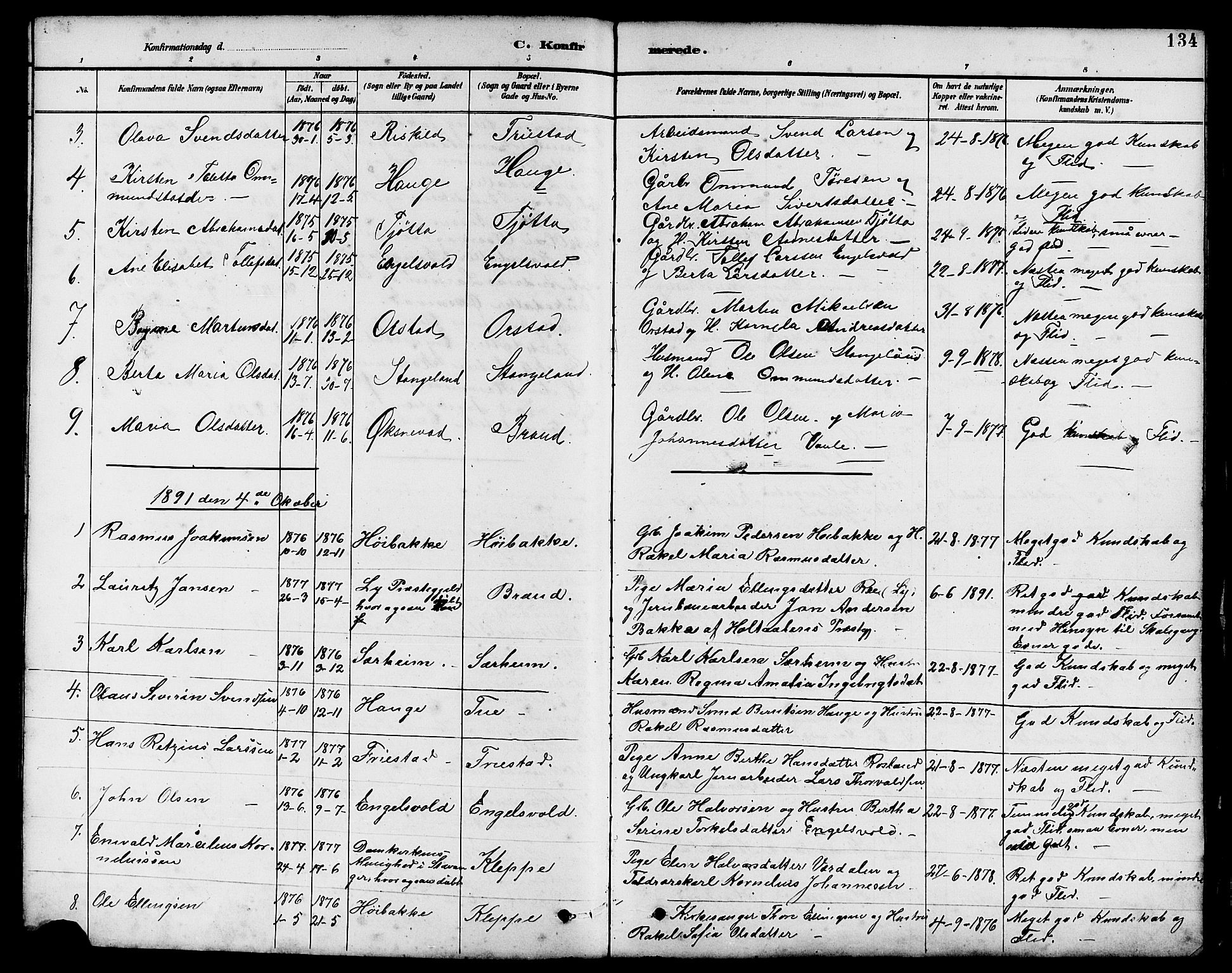Klepp sokneprestkontor, SAST/A-101803/001/3/30BB/L0004: Parish register (copy) no. B 4, 1889-1914, p. 134