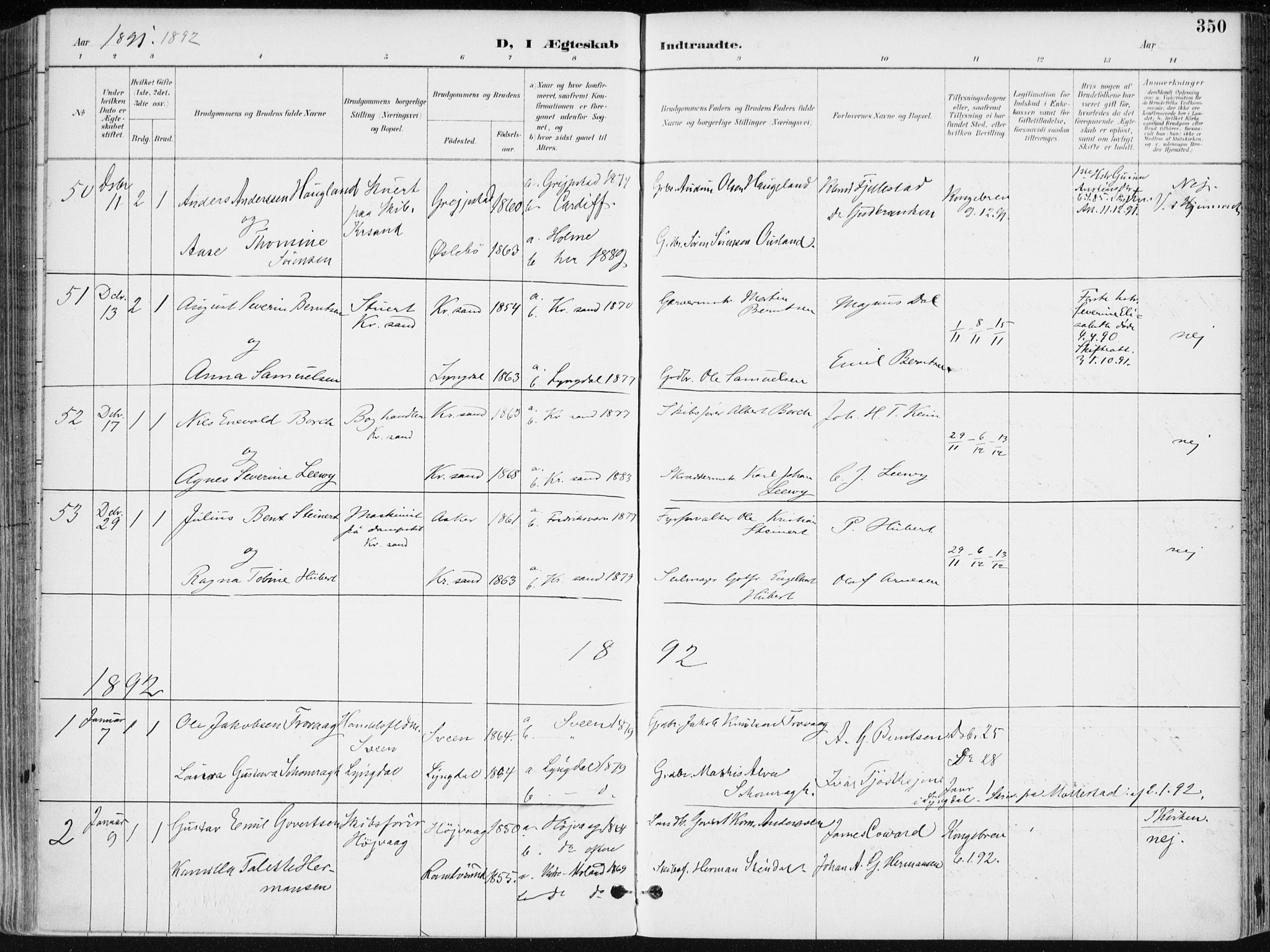 Kristiansand domprosti, SAK/1112-0006/F/Fa/L0019: Parish register (official) no. A 18, 1890-1897, p. 350