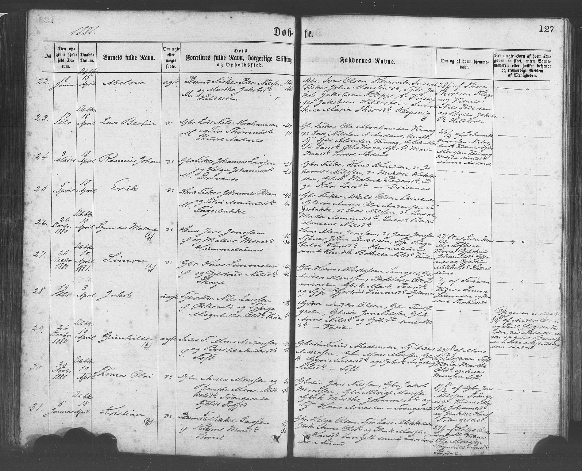 Sund sokneprestembete, AV/SAB-A-99930: Parish register (official) no. A 15, 1867-1881, p. 127