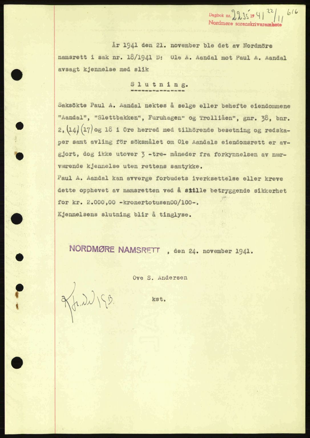 Nordmøre sorenskriveri, AV/SAT-A-4132/1/2/2Ca: Mortgage book no. B88, 1941-1942, Diary no: : 2235/1941